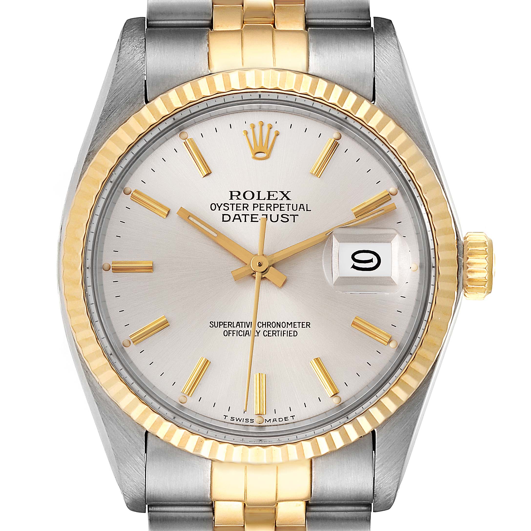 The image shows the face, bezel, crown, and upper part of the bracelet of a Rolex Datejust 16013 Men
s Steel and Gold (two tone) Silver Dial 16013 Men
s Steel and Gold (two tone) Silver Dial watch from a front angle.