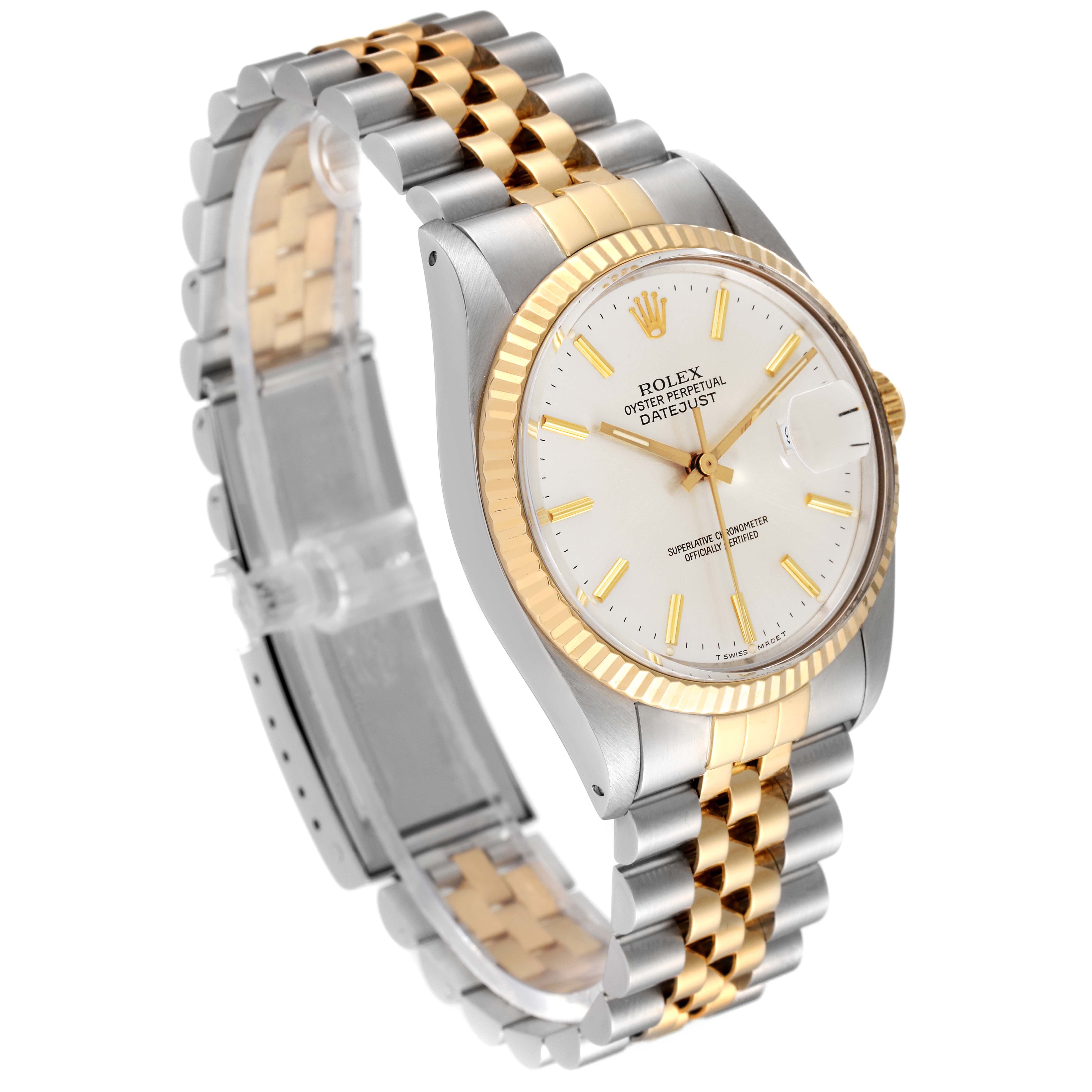 The image shows a Rolex Datejust 16013 Men
s Steel and Gold (two tone) Silver Dial 16013 Men
s Steel and Gold (two tone) Silver Dial watch from an angled side view, highlighting the dial, case, and two-tone bracelet.
