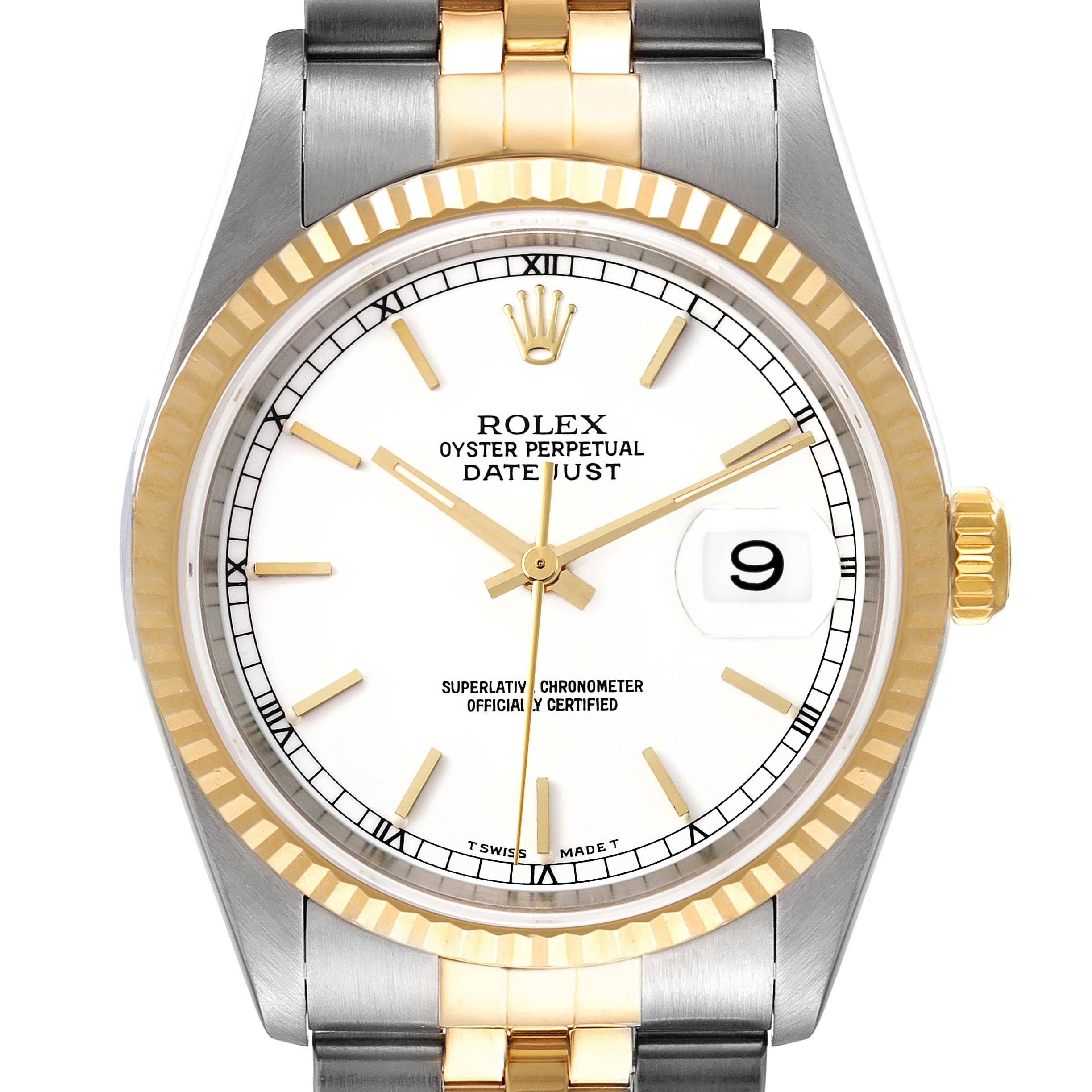 This is a close-up, front-facing view of a Rolex Datejust 16233 Men's Steel and Gold (two tone) White Dial 16233 Men's Steel and Gold (two tone) White Dial watch, showcasing its dial, bezel, hands, and part of the bracelet.