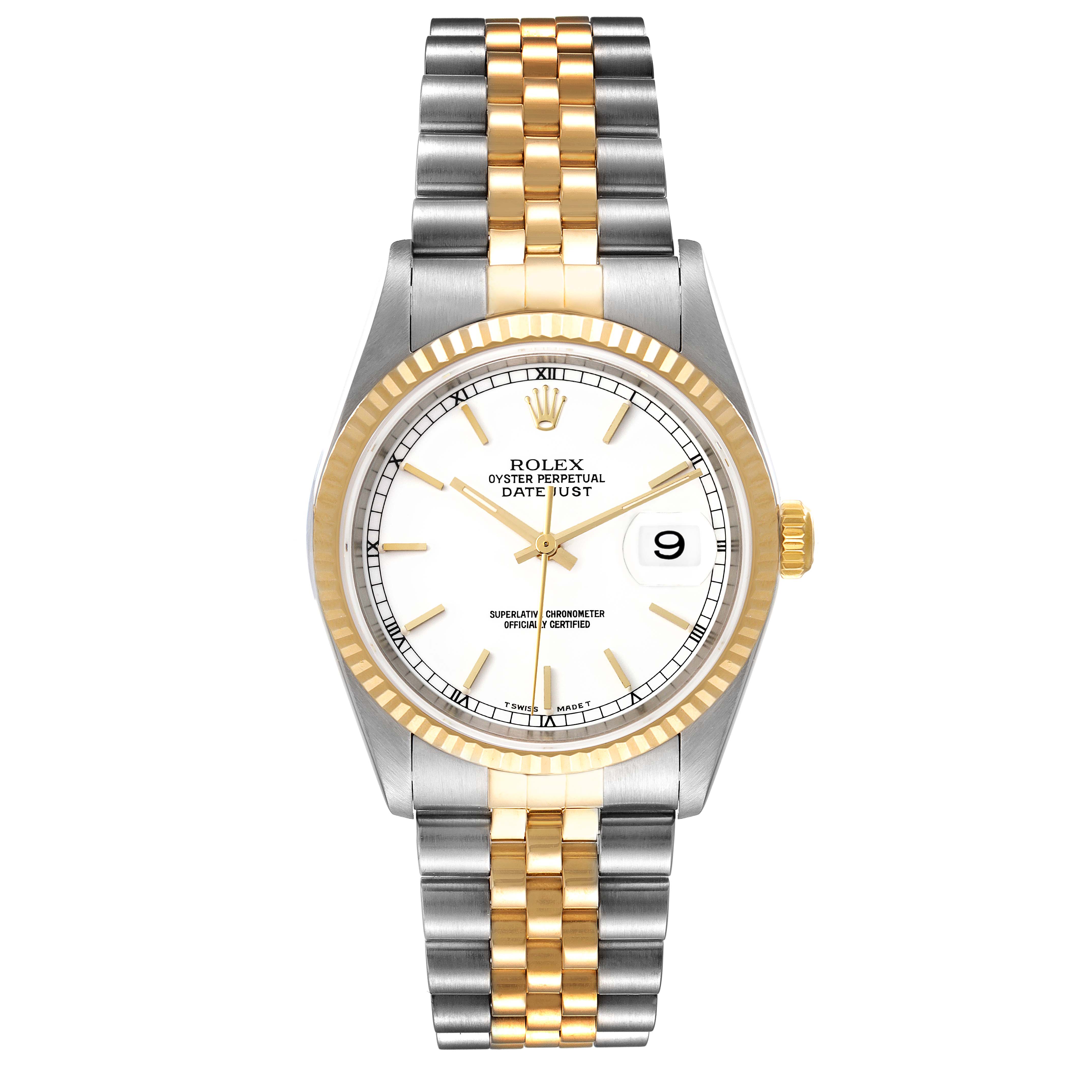 The Rolex Datejust 16233 Men's Steel and Gold (two tone) White Dial 16233 Men's Steel and Gold (two tone) White Dial watch is shown from a front angle, highlighting the dial, bezel, and two-tone bracelet.