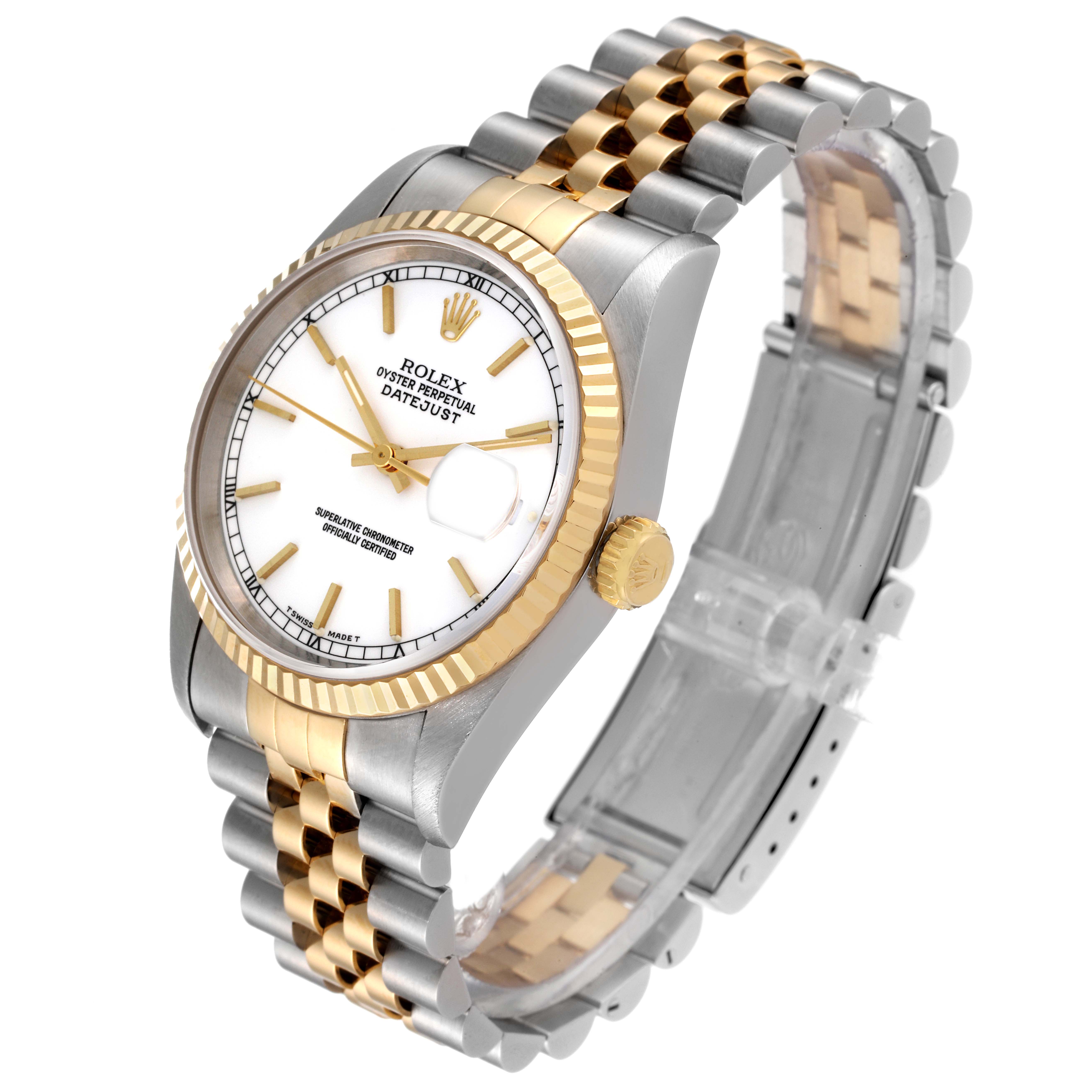 The Rolex Datejust 16233 Men's Steel and Gold (two tone) White Dial 16233 Men's Steel and Gold (two tone) White Dial watch is shown at an angled view, highlighting its face, bezel, crown, and two-tone bracelet.