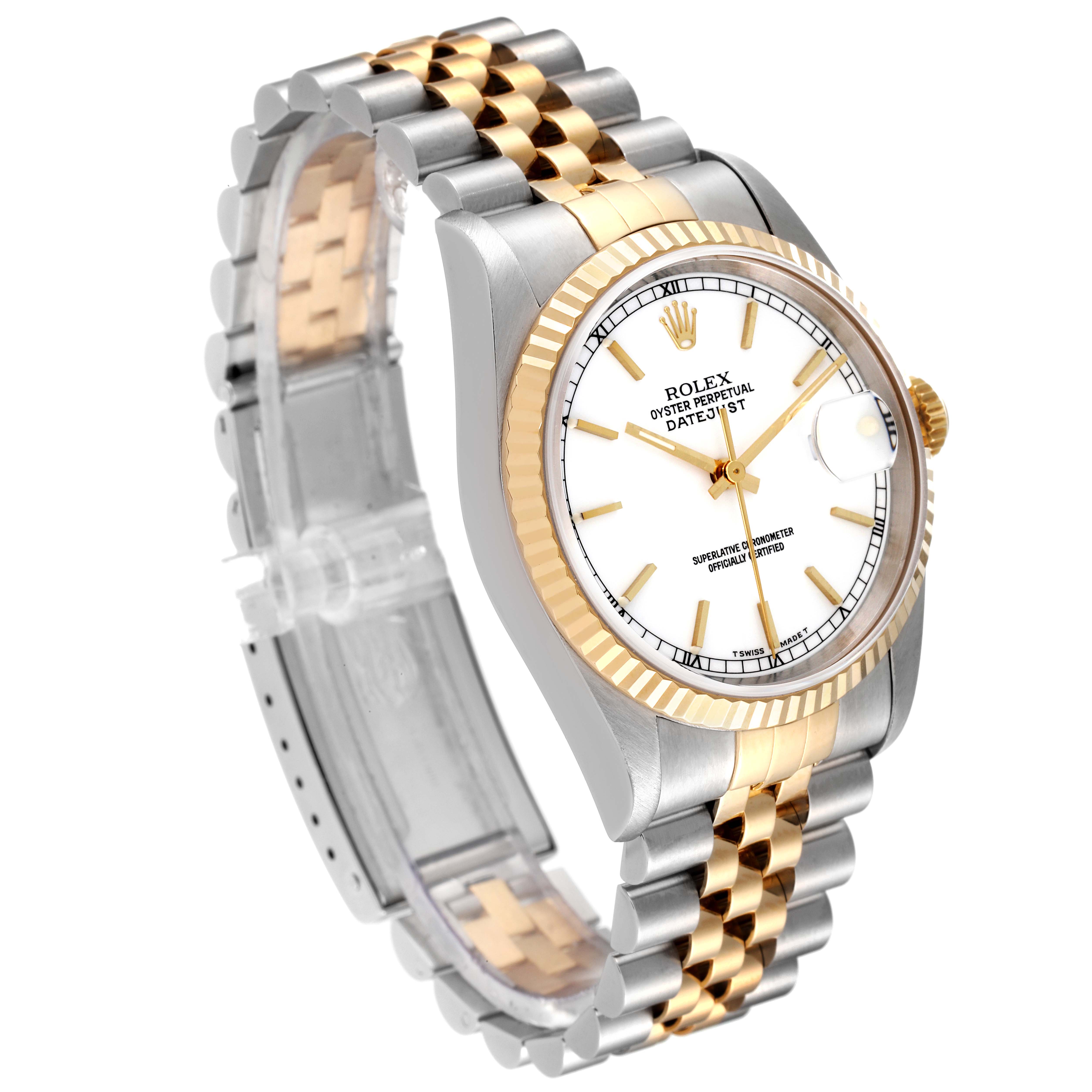 The Rolex Datejust 16233 Men's Steel and Gold (two tone) White Dial 16233 Men's Steel and Gold (two tone) White Dial watch is shown at an angled side view, displaying its face, bezel, and two-tone bracelet.