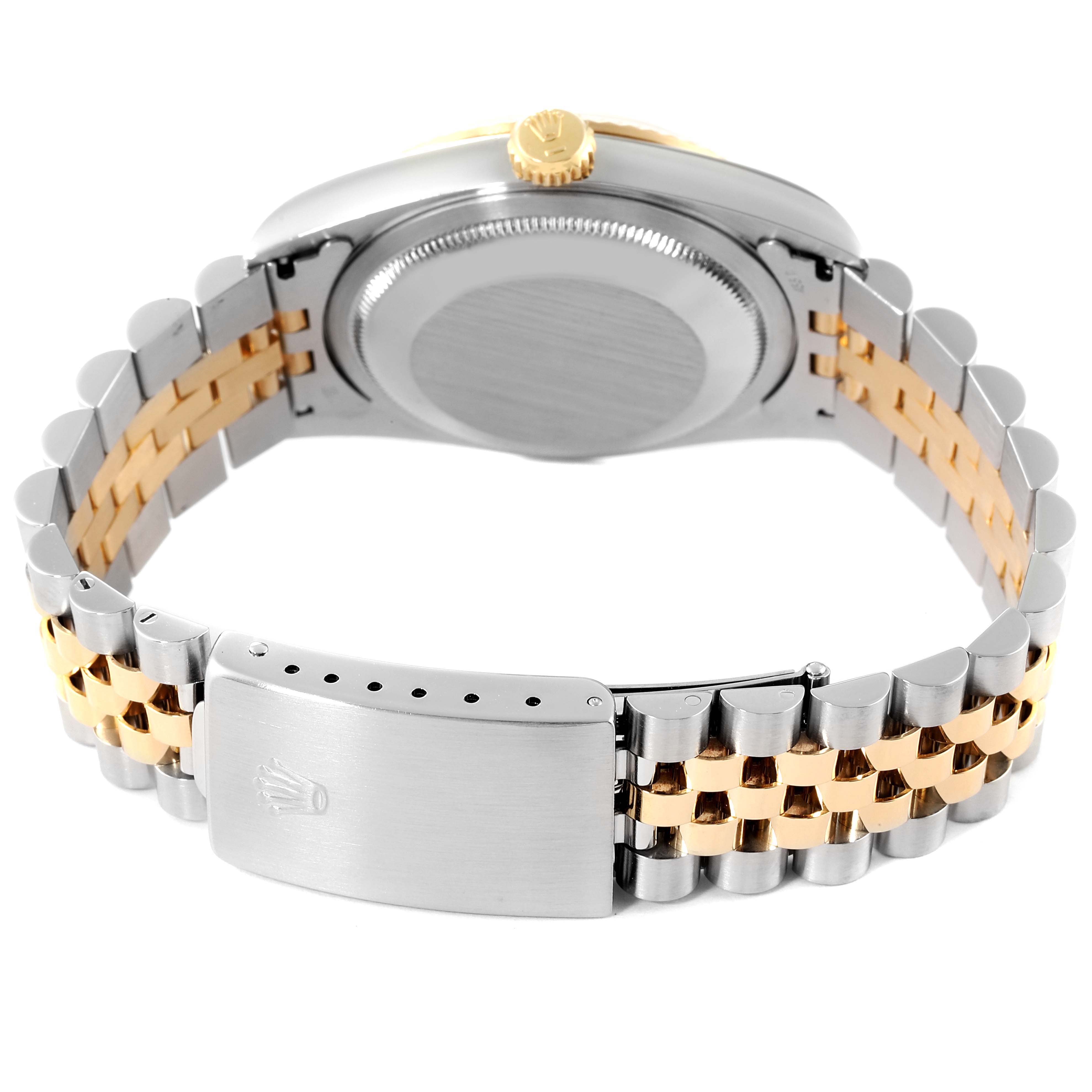The image shows the back view of a Rolex Datejust 16233 Men's Steel and Gold (two tone) White Dial 16233 Men's Steel and Gold (two tone) White Dial watch, highlighting the case back and two-tone bracelet with a clasp.
