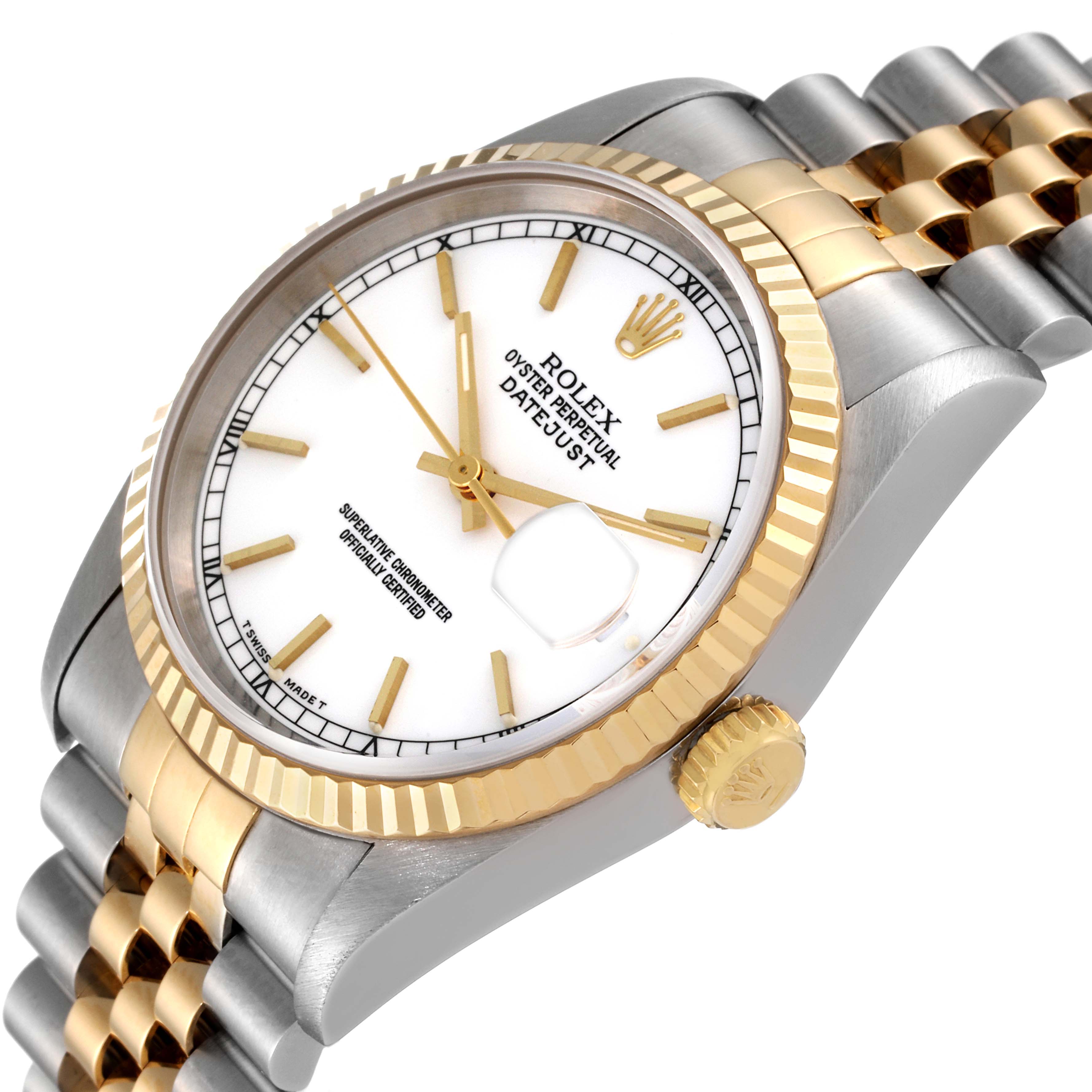 This Rolex Datejust 16233 Men's Steel and Gold (two tone) White Dial 16233 Men's Steel and Gold (two tone) White Dial watch is shown at a slight angle highlighting its face, bezel, crown, and part of the bracelet.