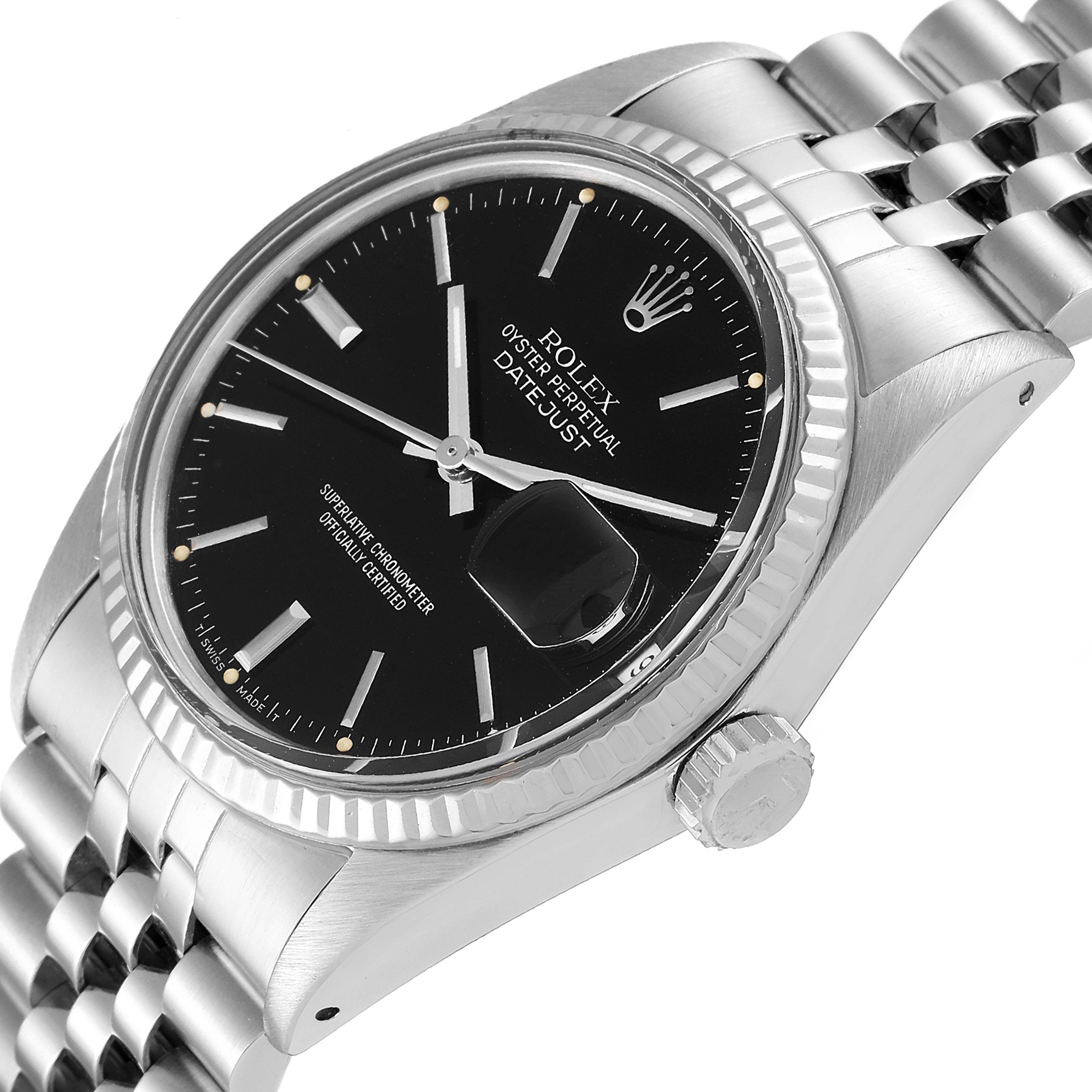 This image shows a Rolex Vintage Collection 16014 Men's Stainless Steel Black Dial 16014 Men's Stainless Steel Black Dial Datejust watch at an angled side view, highlighting its face, bezel, crown, and bracelet.