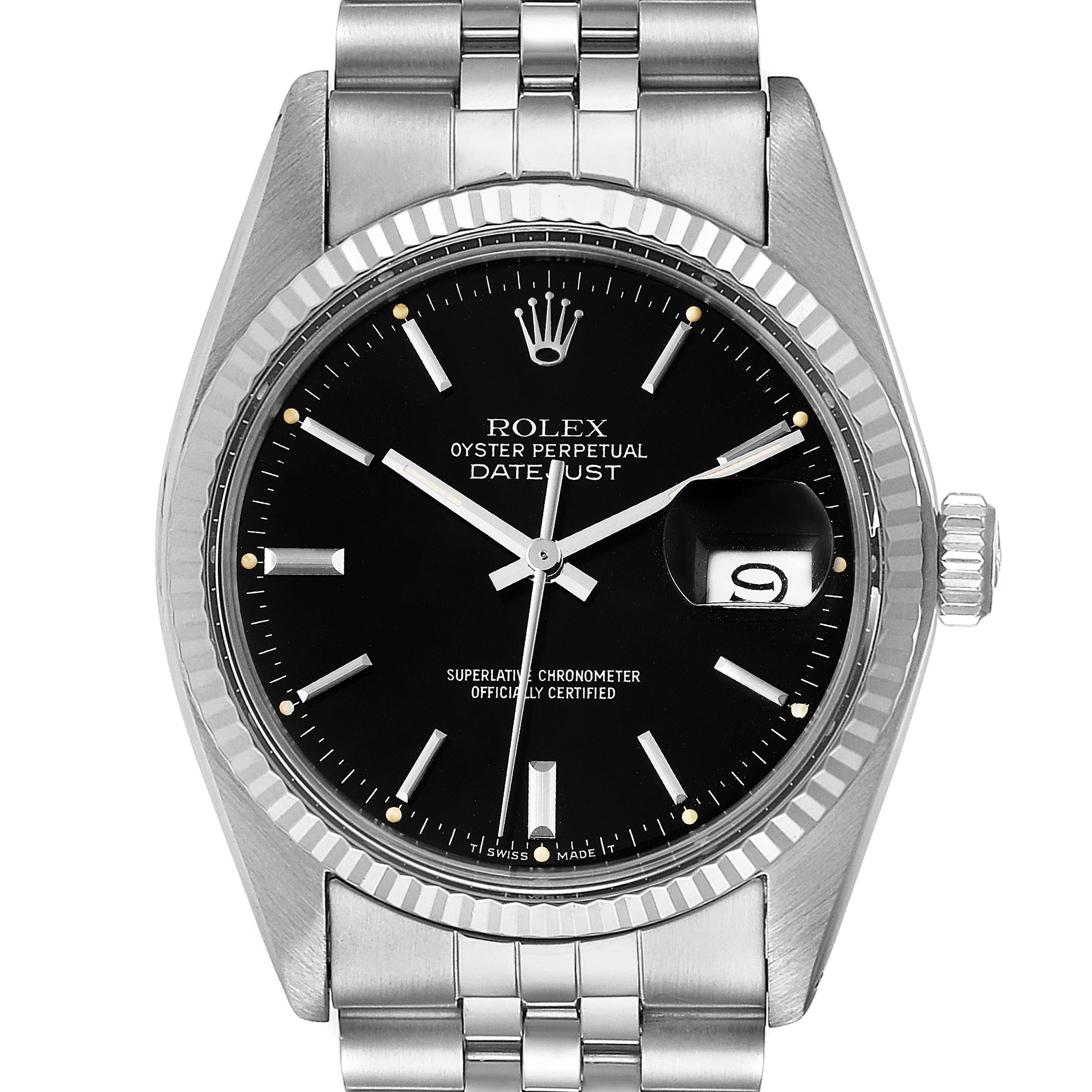 This image shows a frontal view of a Rolex Vintage Collection 16014 Men's Stainless Steel Black Dial 16014 Men's Stainless Steel Black Dial Datejust watch, highlighting its black dial, metal bracelet, and fluted bezel.