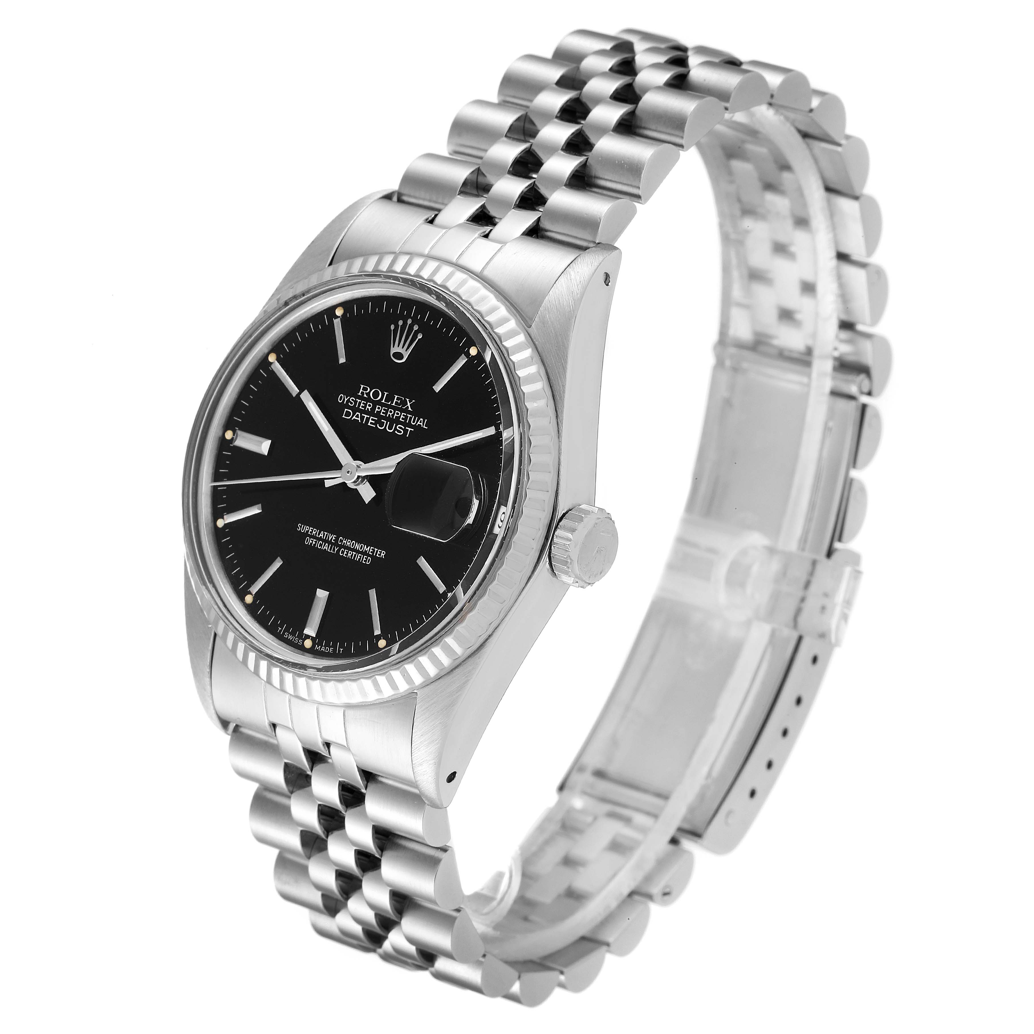This image shows a side angle view of the Rolex Vintage Collection 16014 Men's Stainless Steel Black Dial 16014 Men's Stainless Steel Black Dial Oyster Perpetual Datejust watch, highlighting the dial and jubilee bracelet.