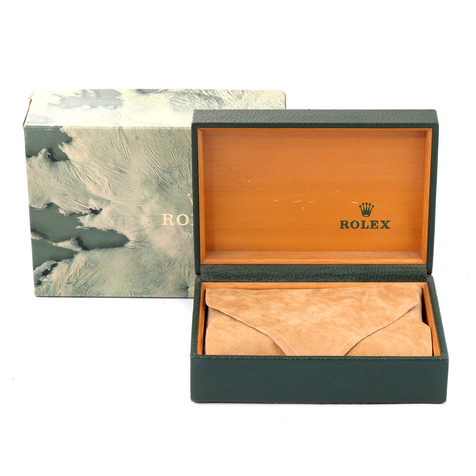 The image shows a Rolex Vintage Collection 16014 Men's Stainless Steel Black Dial 16014 Men's Stainless Steel Black Dial watch box with its lid open and the outer protective box visible.