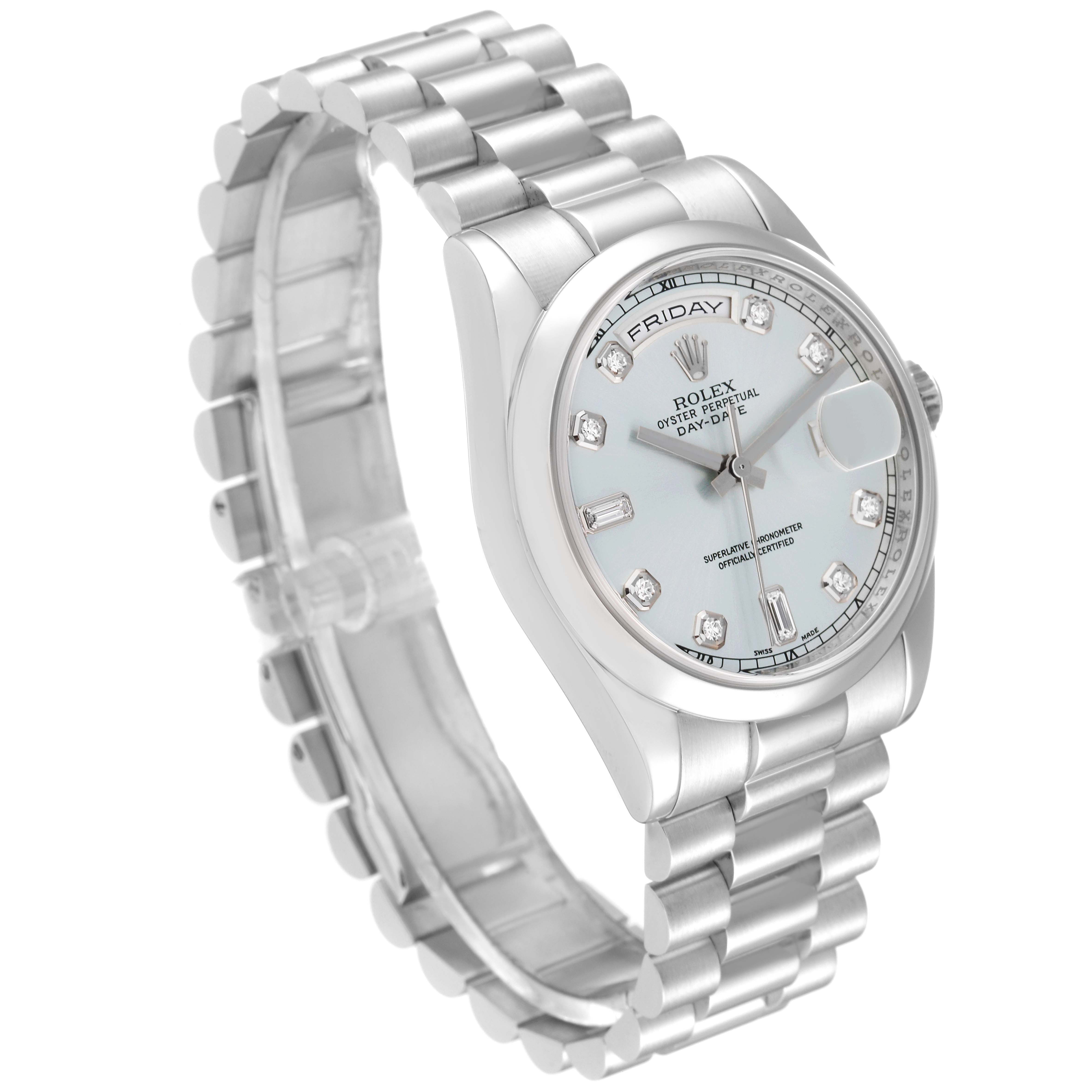 The image shows a side angle of a Rolex President 118206 Men's Platinum Blue Dial 118206 Men's Platinum Blue Dial model watch, highlighting the bracelet, bezel, dial, and diamonds markers.