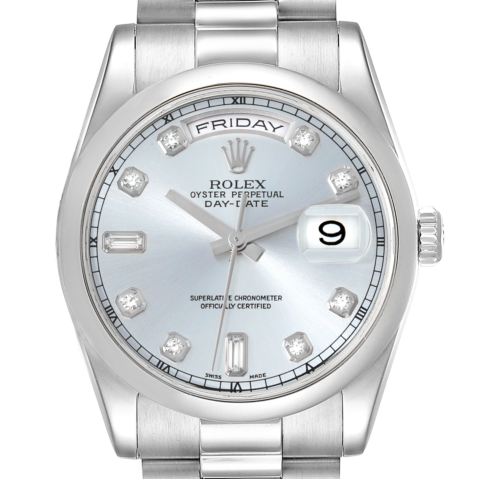 The image shows a front-view angle of a Rolex President 118206 Men's Platinum Blue Dial 118206 Men's Platinum Blue Dial model, displaying the dial, day-date window, and bracelet.