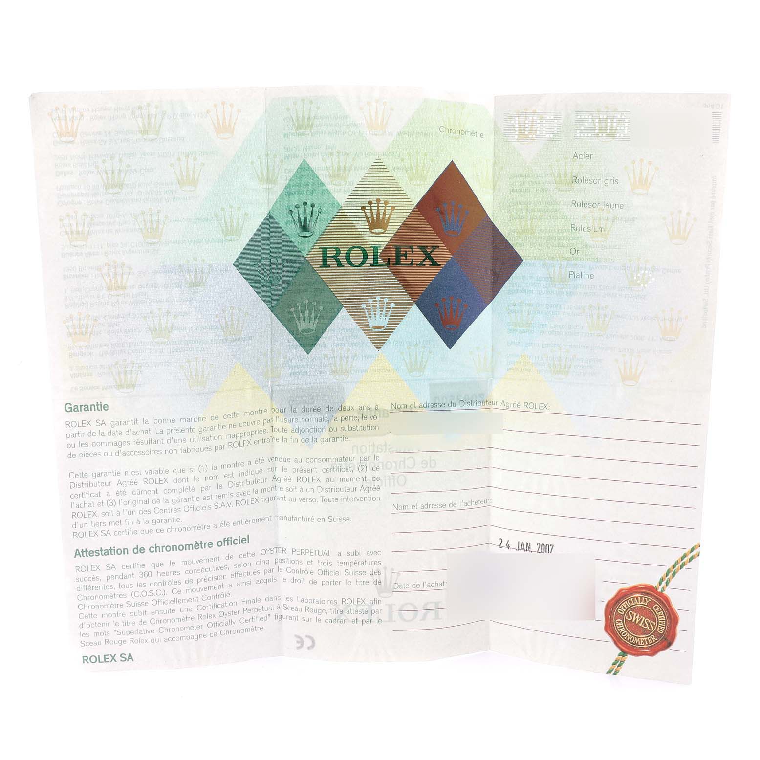 The image shows a warranty and certification booklet for the Rolex President 118206 Men's Platinum Blue Dial 118206 Men's Platinum Blue Dial model watch, displaying text and decorative elements.