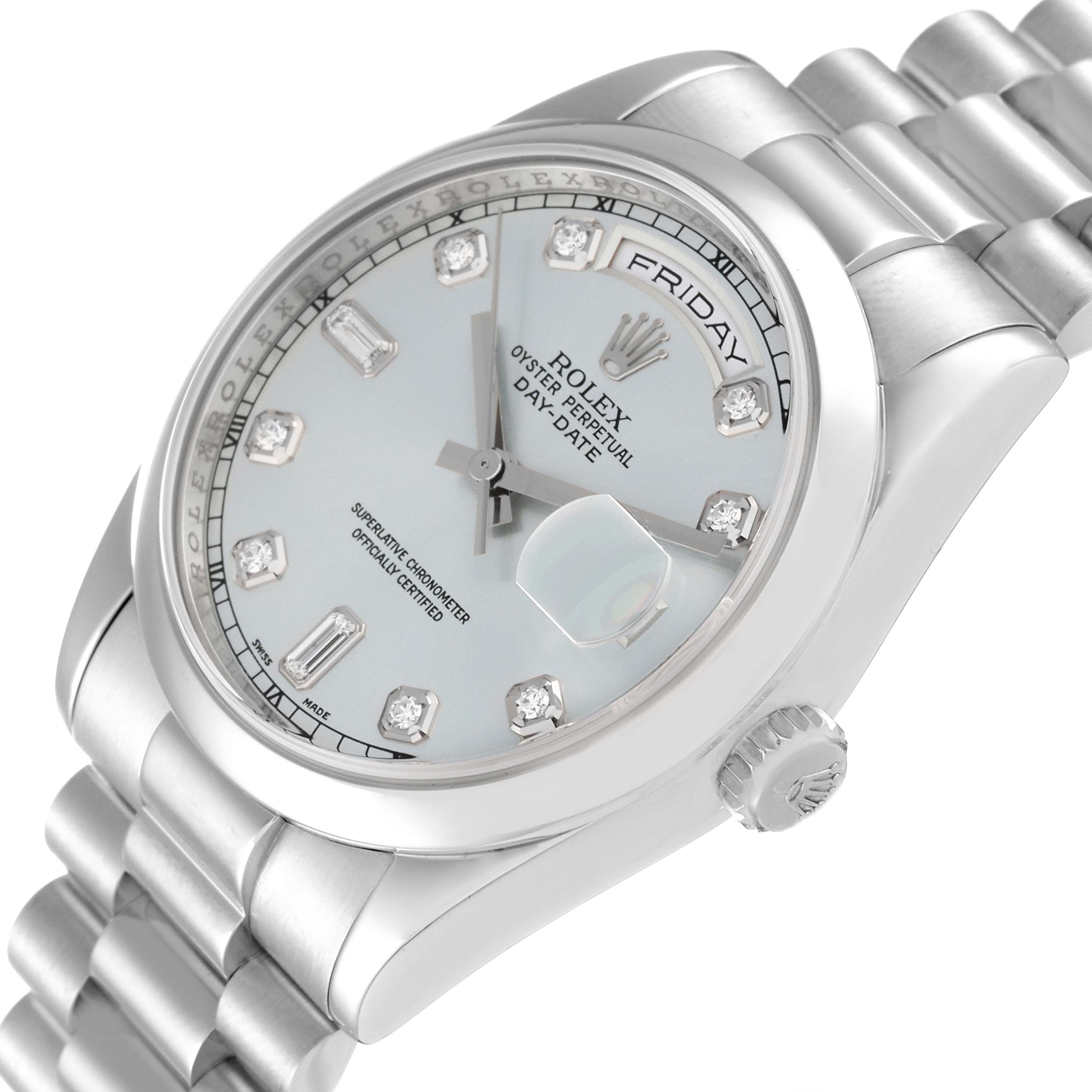 The image shows the Rolex President 118206 Men's Platinum Blue Dial 118206 Men's Platinum Blue Dial model watch from an angled top view, showcasing its face, bracelet, and crown.