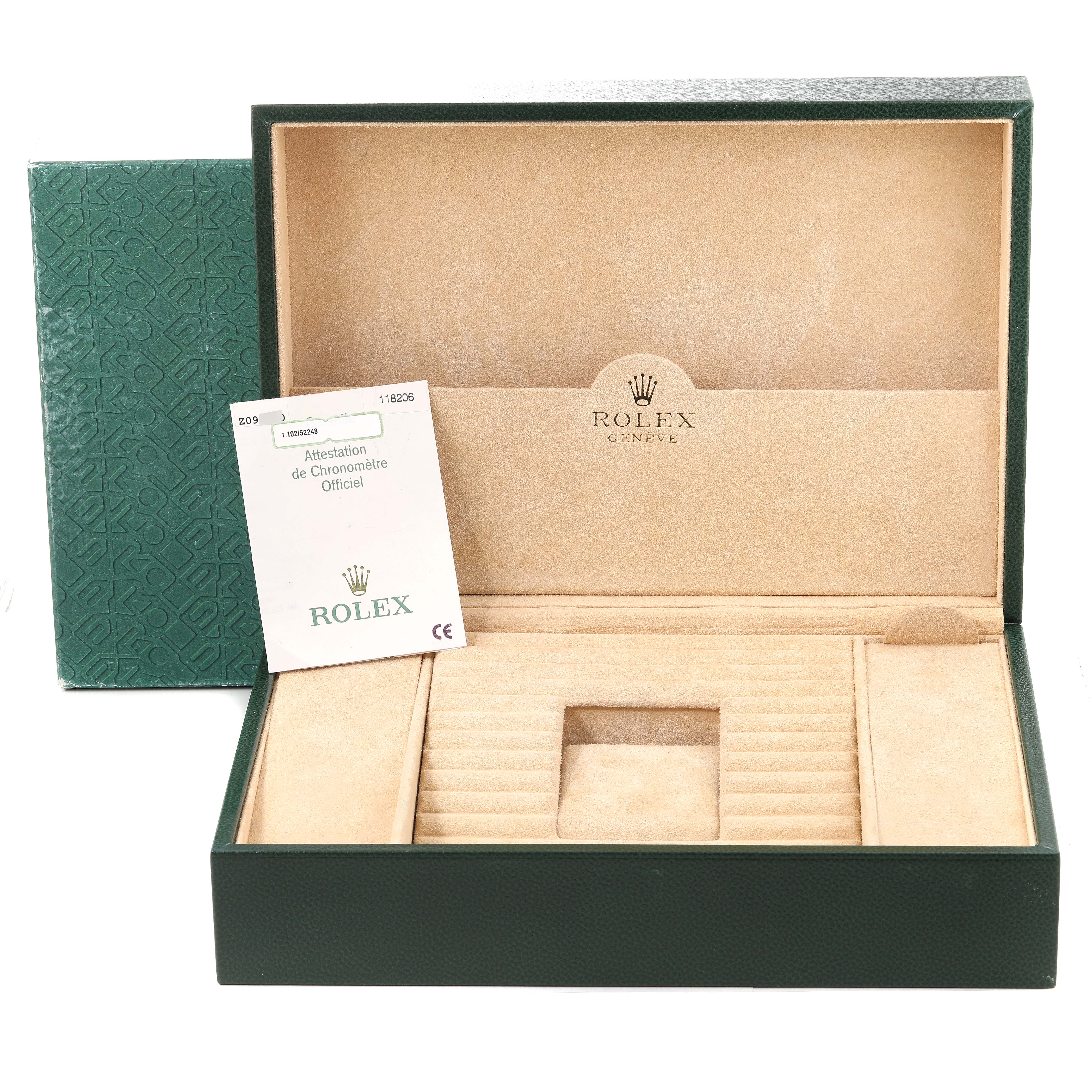 The image shows an open Rolex President 118206 Men's Platinum Blue Dial 118206 Men's Platinum Blue Dial model watch box and an official chronometer certification.