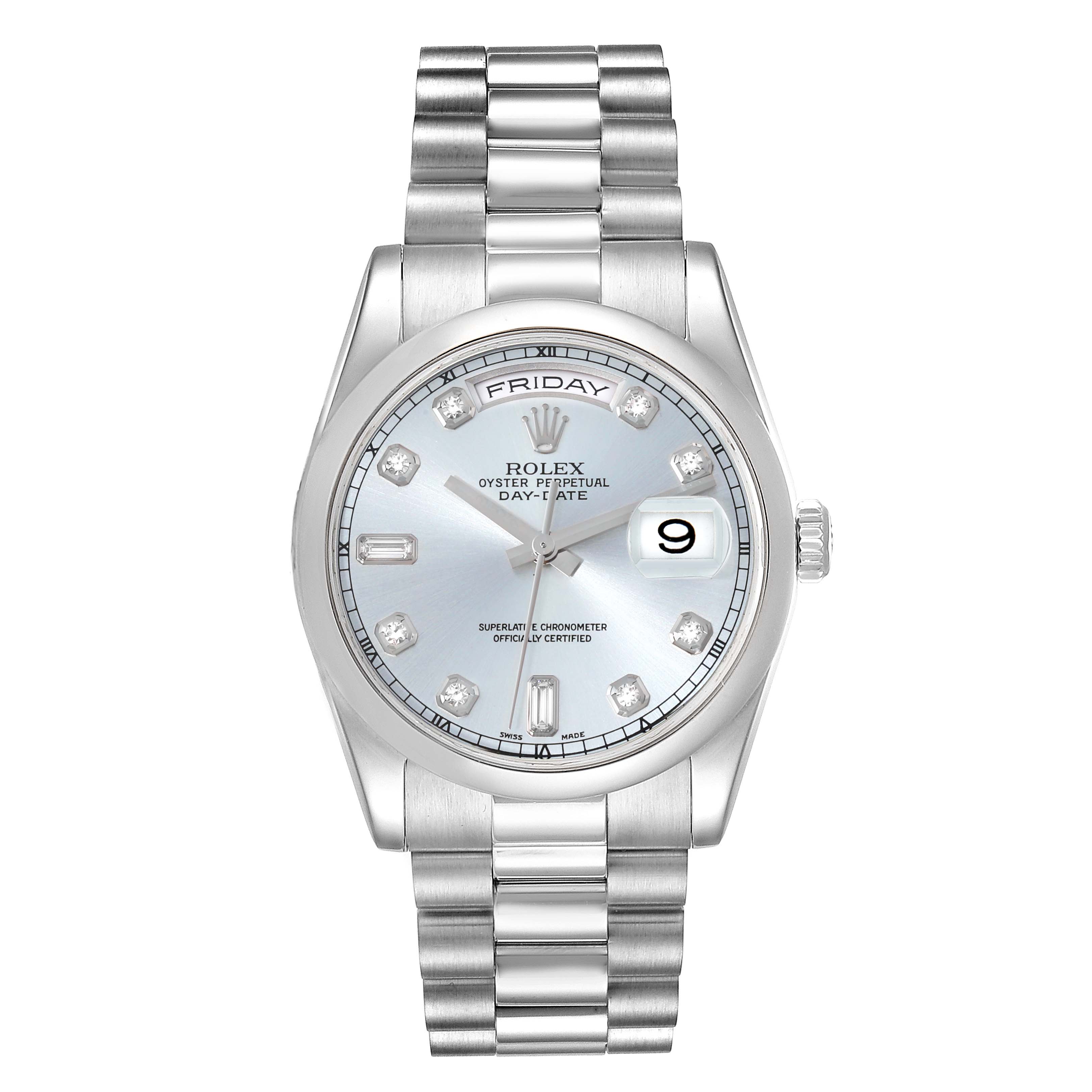 The Rolex President 118206 Men's Platinum Blue Dial 118206 Men's Platinum Blue Dial model watch is shown from a front angle, displaying the dial, bracelet, and day-date window.
