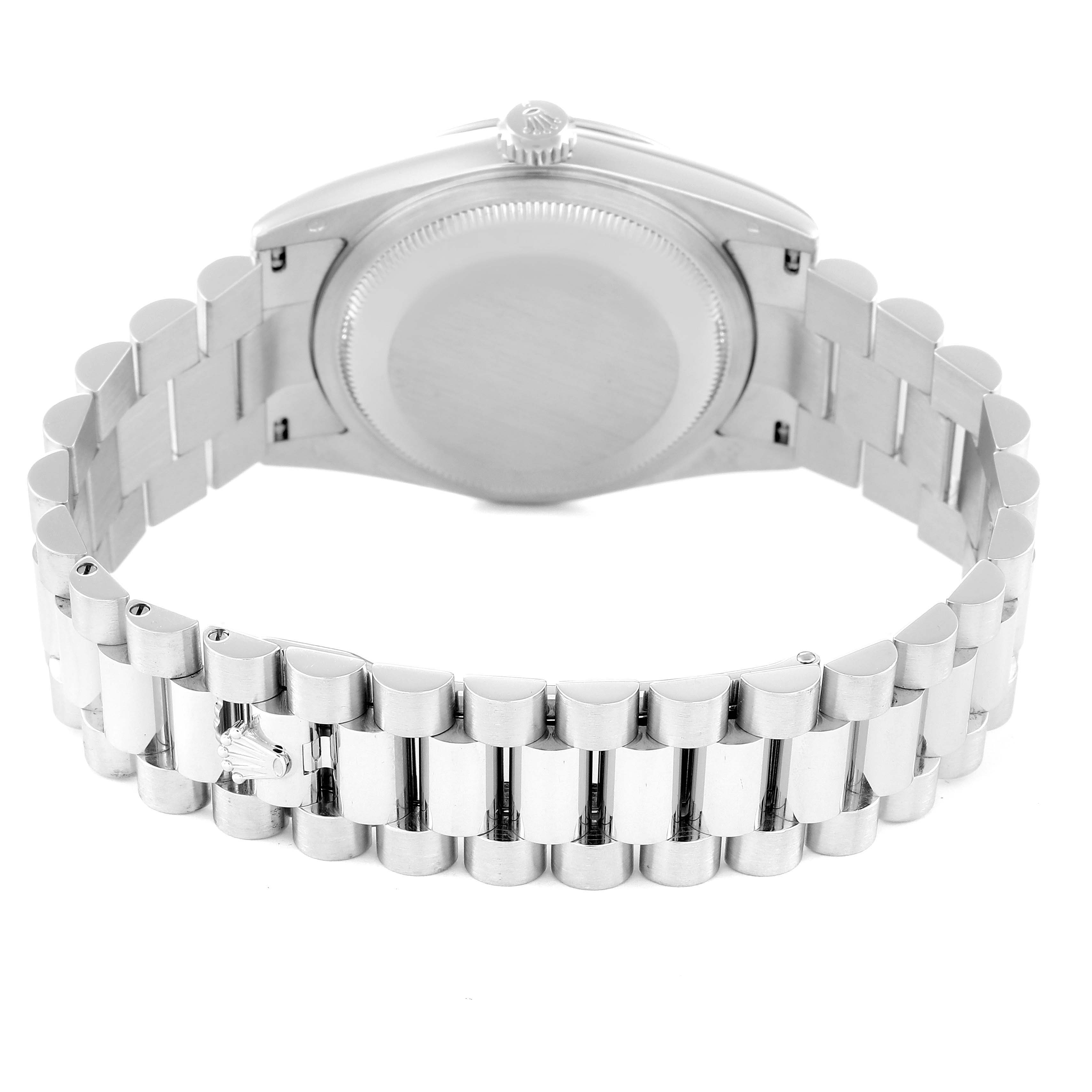 The image shows the back view of a Rolex President 118206 Men's Platinum Blue Dial 118206 Men's Platinum Blue Dial model watch, highlighting the case back and bracelet.