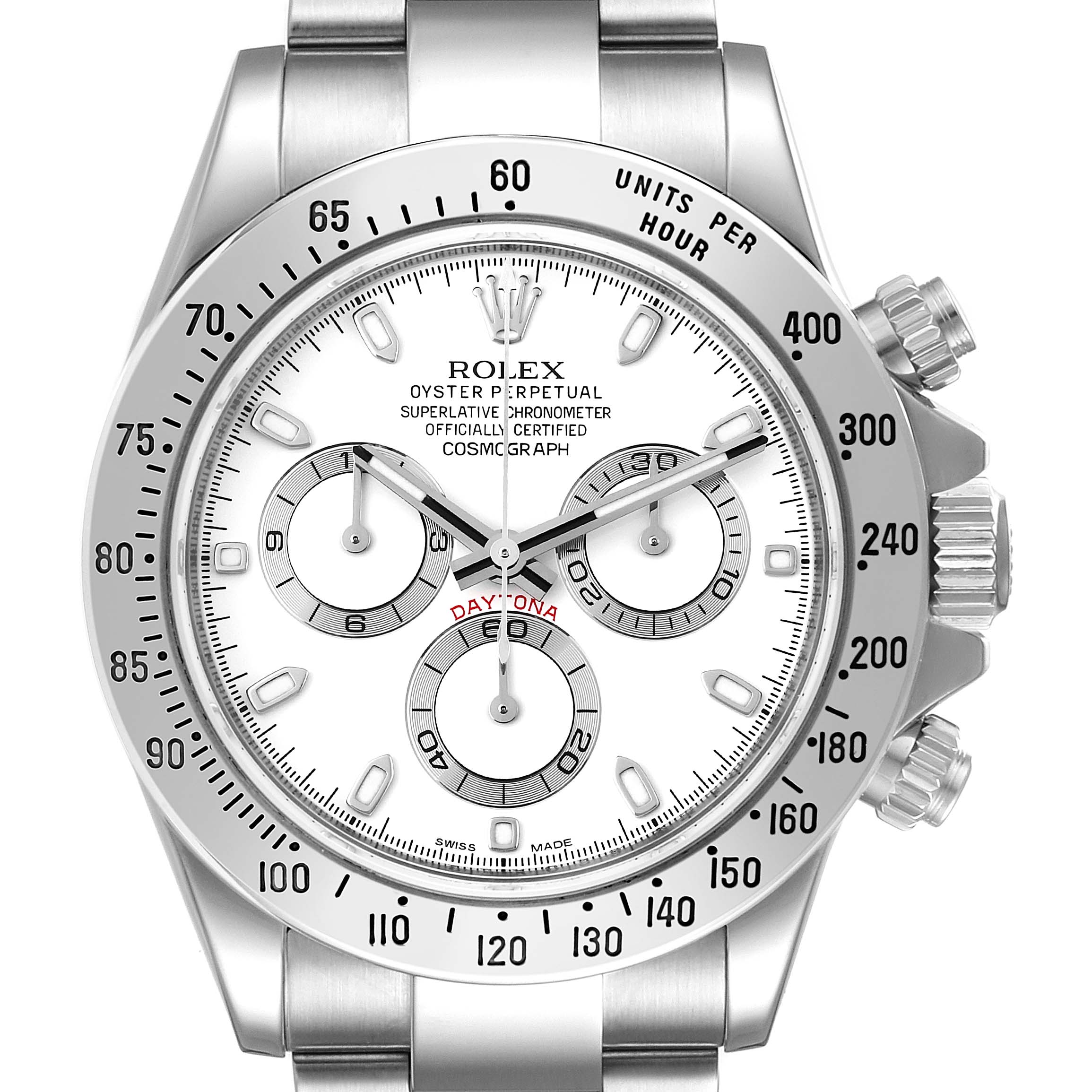 This image shows a front view of a Rolex Daytona 116520 Men's Stainless Steel White Dial 116520 Men's Stainless Steel White Dial watch, highlighting its bezel, dial, sub-dials, and bracelet.