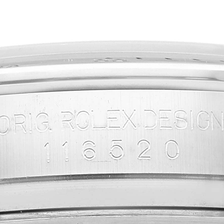 This image shows a close-up view of the side engraving on a Rolex Daytona 116520 Men's Stainless Steel White Dial 116520 Men's Stainless Steel White Dial watch, displaying the model number "116520."