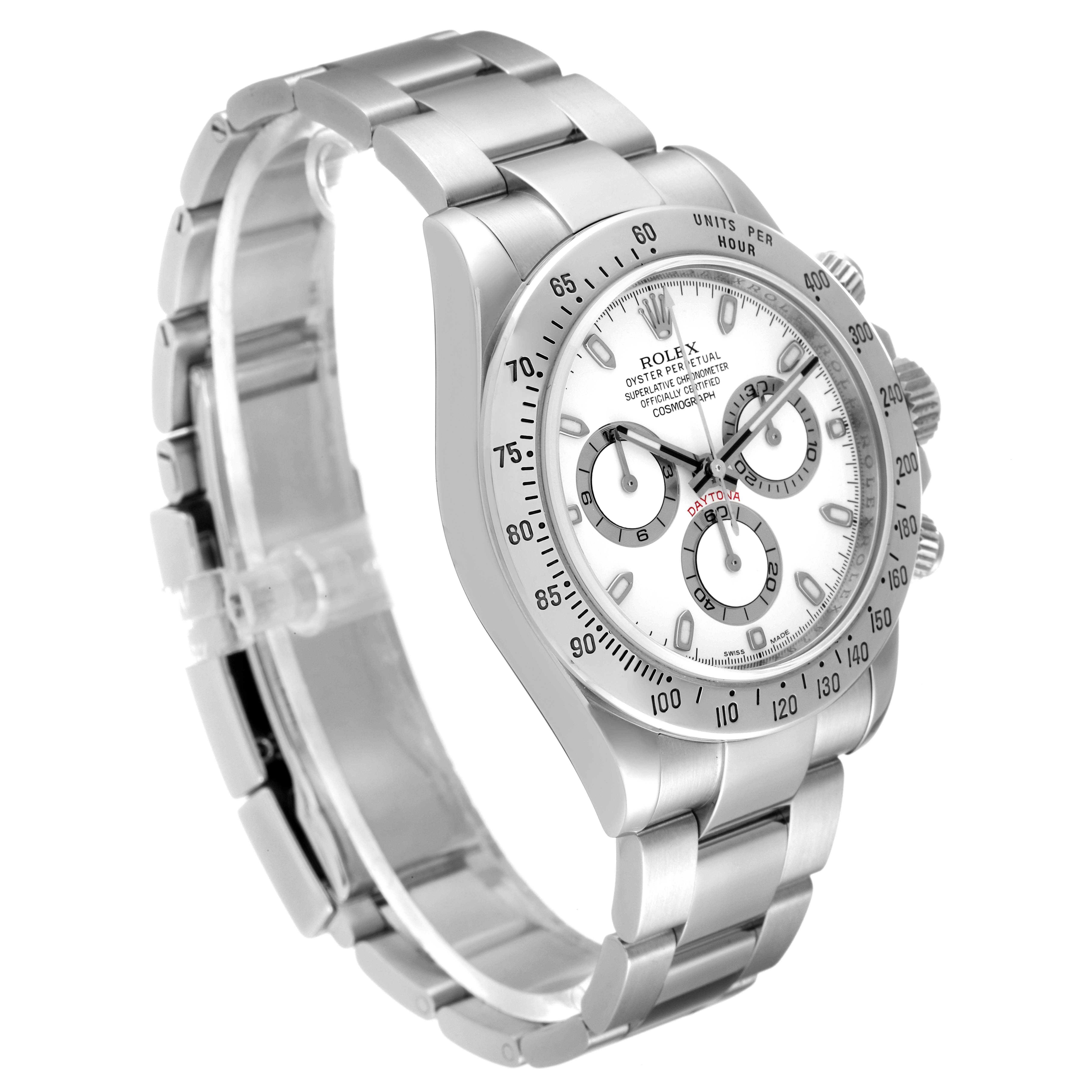 The image shows a Rolex Daytona 116520 Men's Stainless Steel White Dial 116520 Men's Stainless Steel White Dial watch at a three-quarter angle, highlighting the bezel, dial, and bracelet.