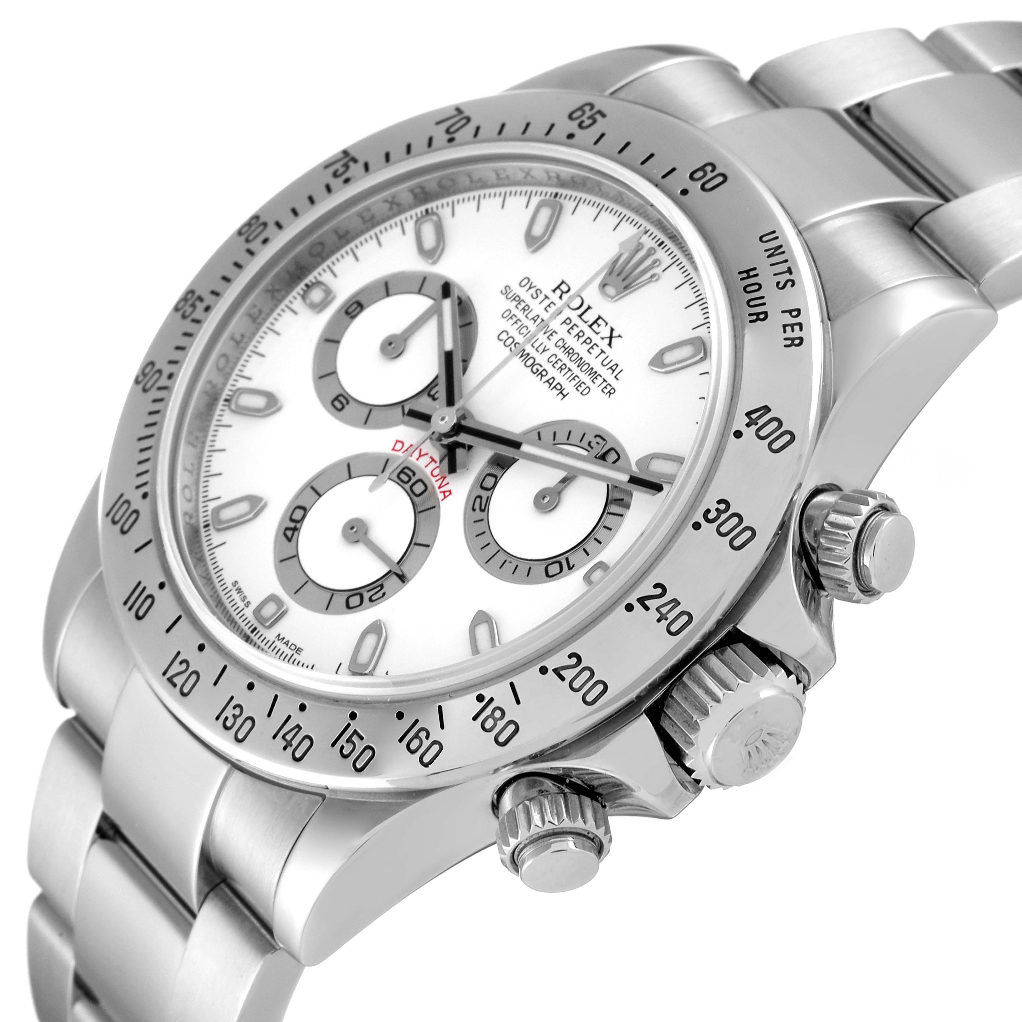 The image shows a Rolex Daytona 116520 Men's Stainless Steel White Dial 116520 Men's Stainless Steel White Dial watch angled to display the crown, pushers, and face with sub-dials.