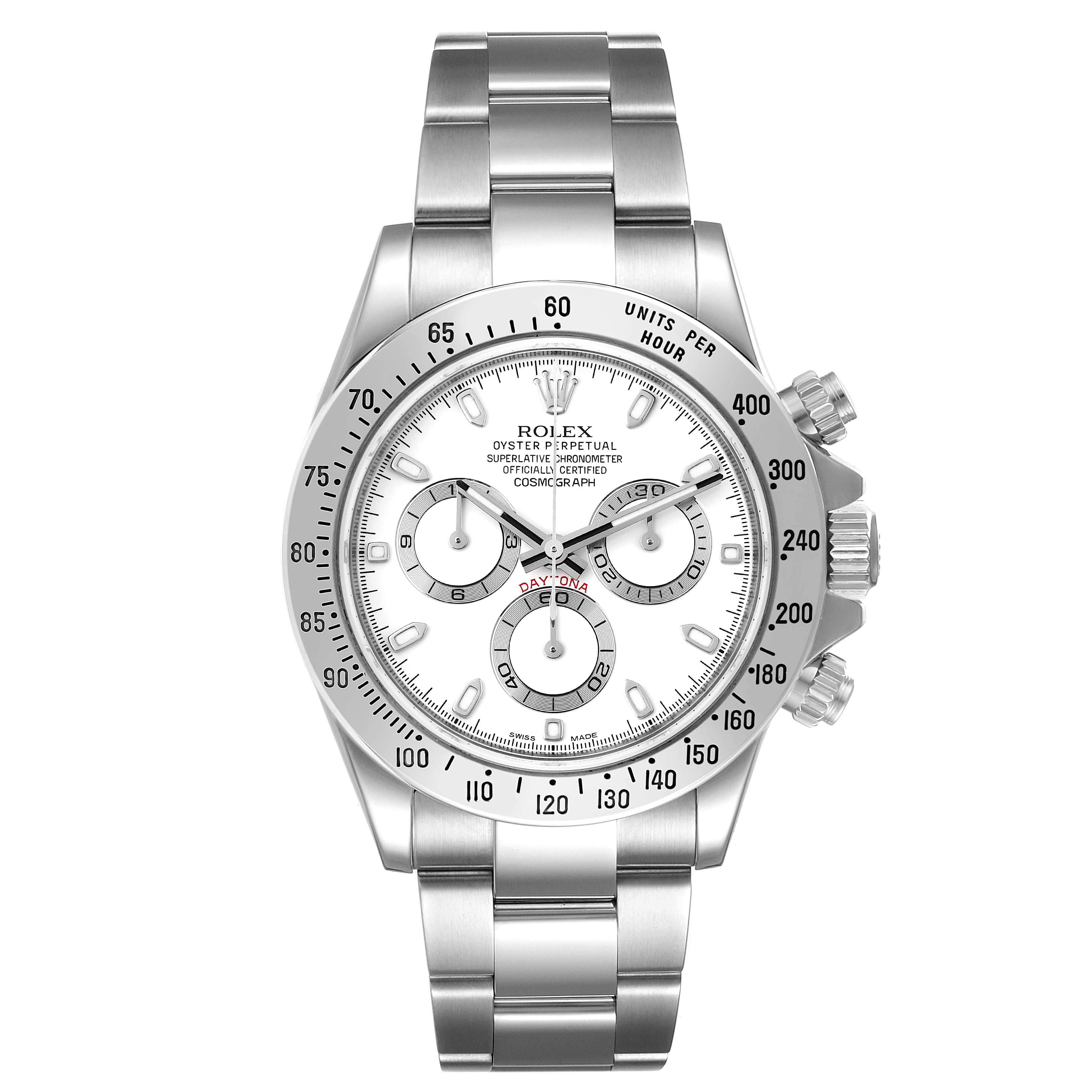 The image shows a Rolex Daytona 116520 Men's Stainless Steel White Dial 116520 Men's Stainless Steel White Dial watch from a front view, highlighting the stainless steel band, chronograph subdials, and tachymeter bezel.