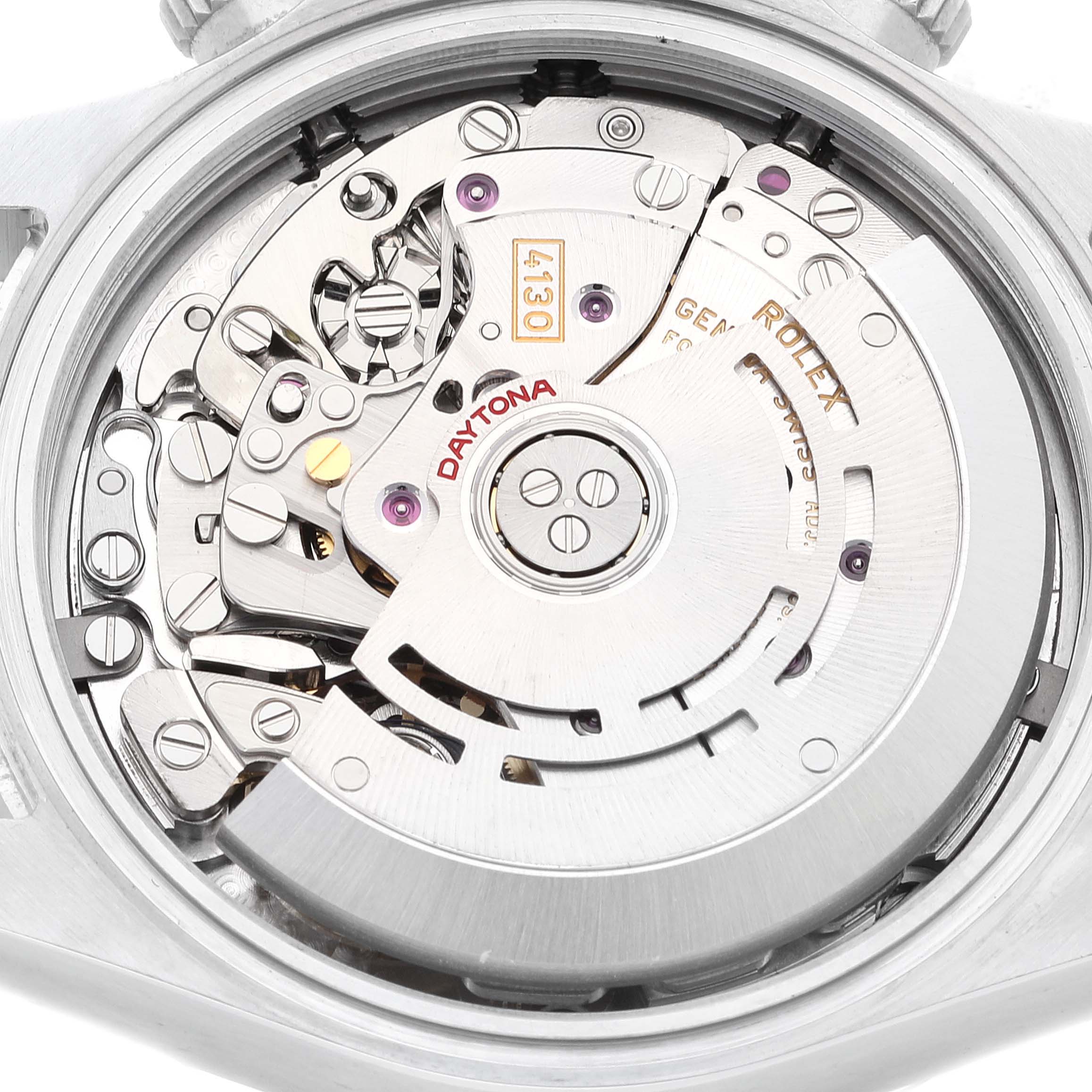 This image shows the inner mechanical movement of a Rolex Daytona 116520 Men's Stainless Steel White Dial 116520 Men's Stainless Steel White Dial watch, viewed from the back.