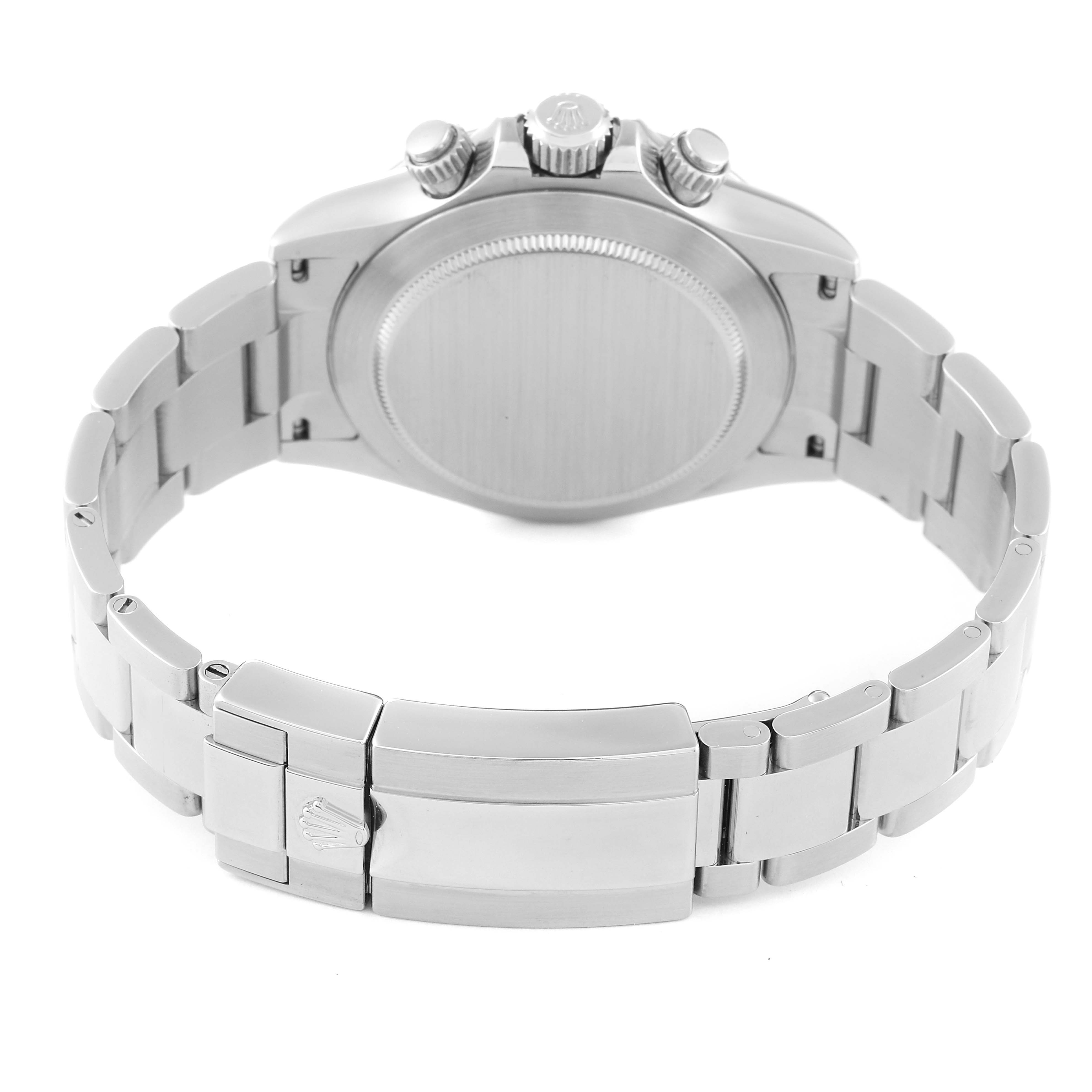 The image shows the back and bracelet of a Rolex Daytona 116520 Men's Stainless Steel White Dial 116520 Men's Stainless Steel White Dial watch.