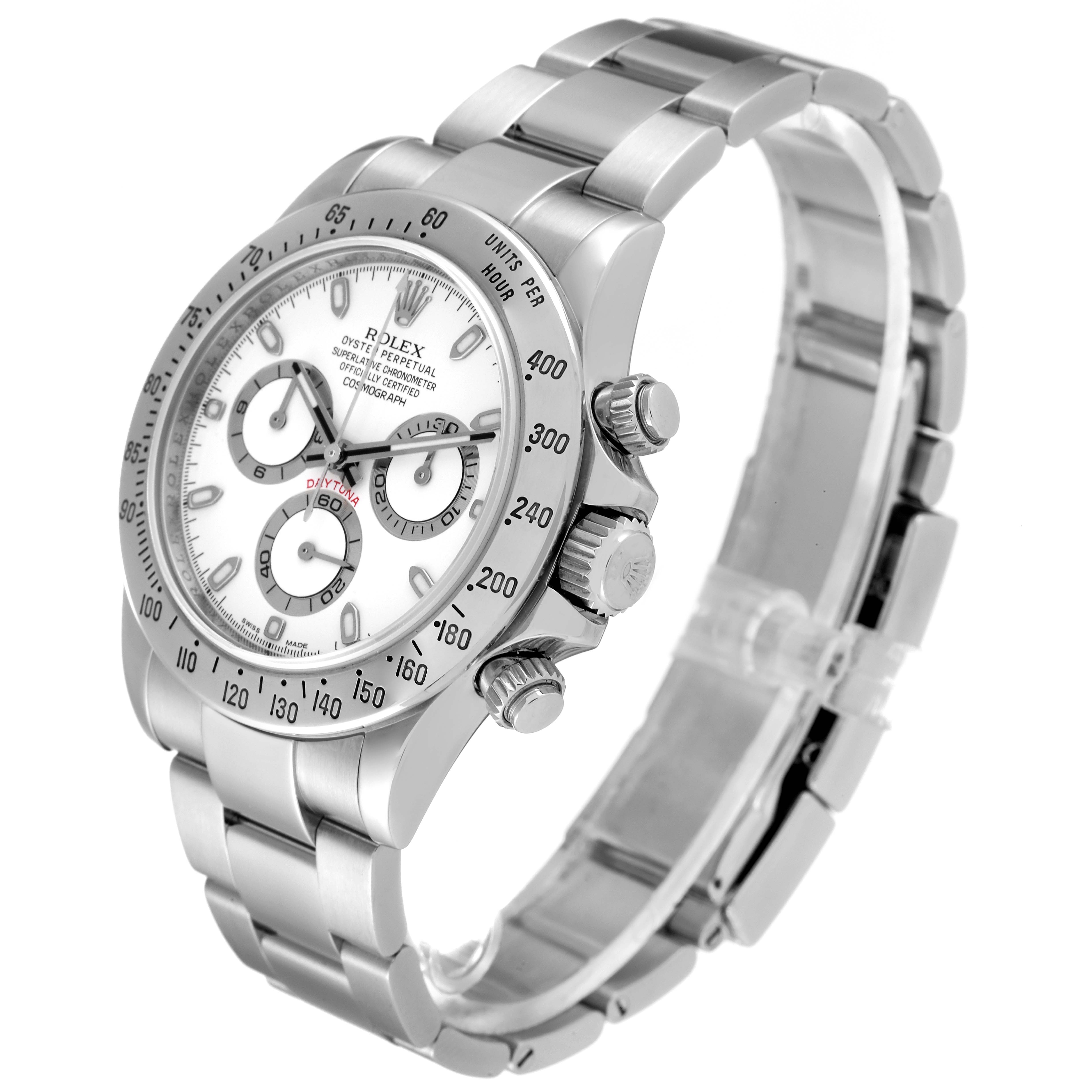 The Rolex Daytona 116520 Men's Stainless Steel White Dial 116520 Men's Stainless Steel White Dial watch is shown at an angle, highlighting the face, bezel, pushers, and bracelet.