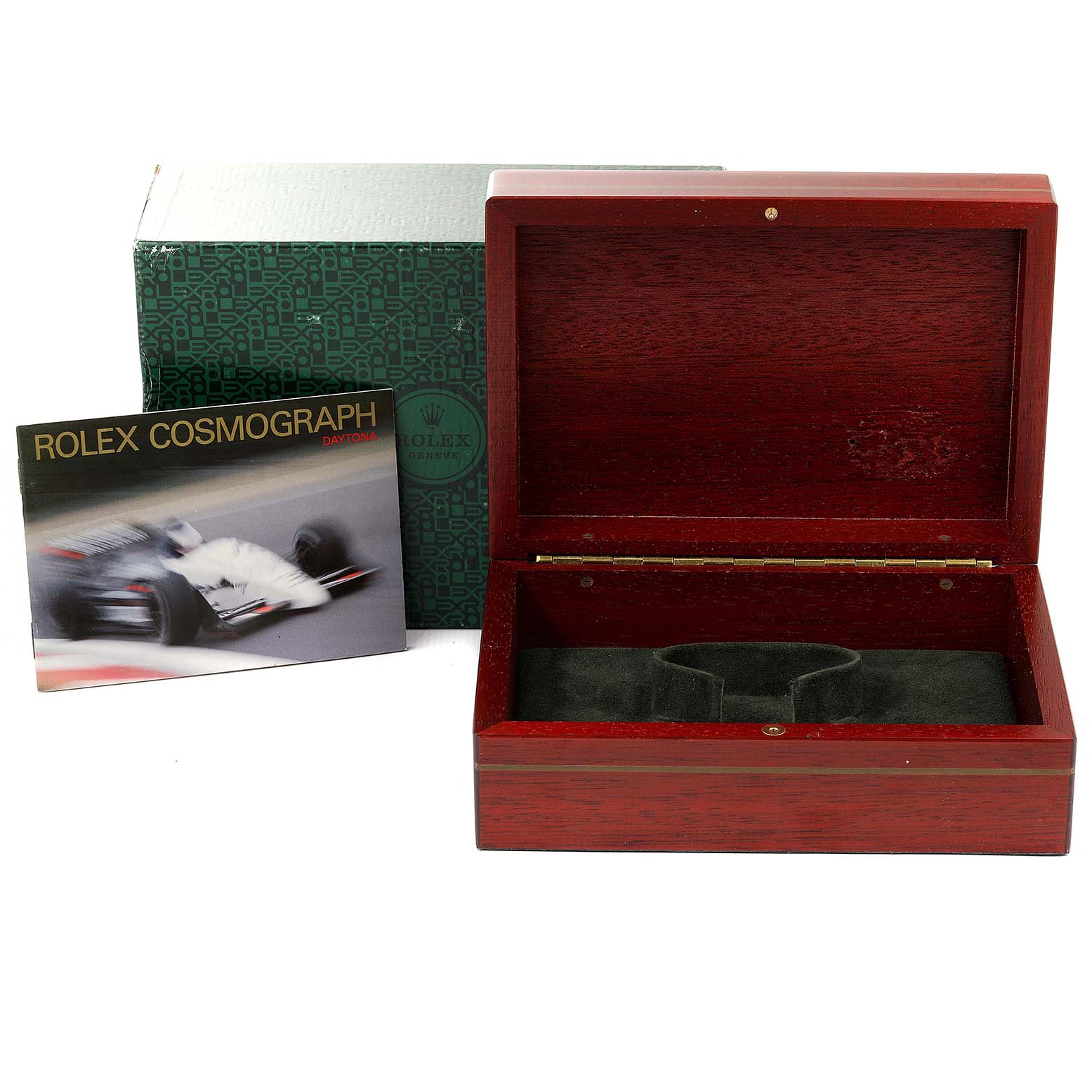 The image shows a Rolex Daytona 16523 Men
s Steel and Gold (two tone) Black Dial 16523 Men
s Steel and Gold (two tone) Black Dial watch box, outer box, and a Cosmograph Daytona booklet.