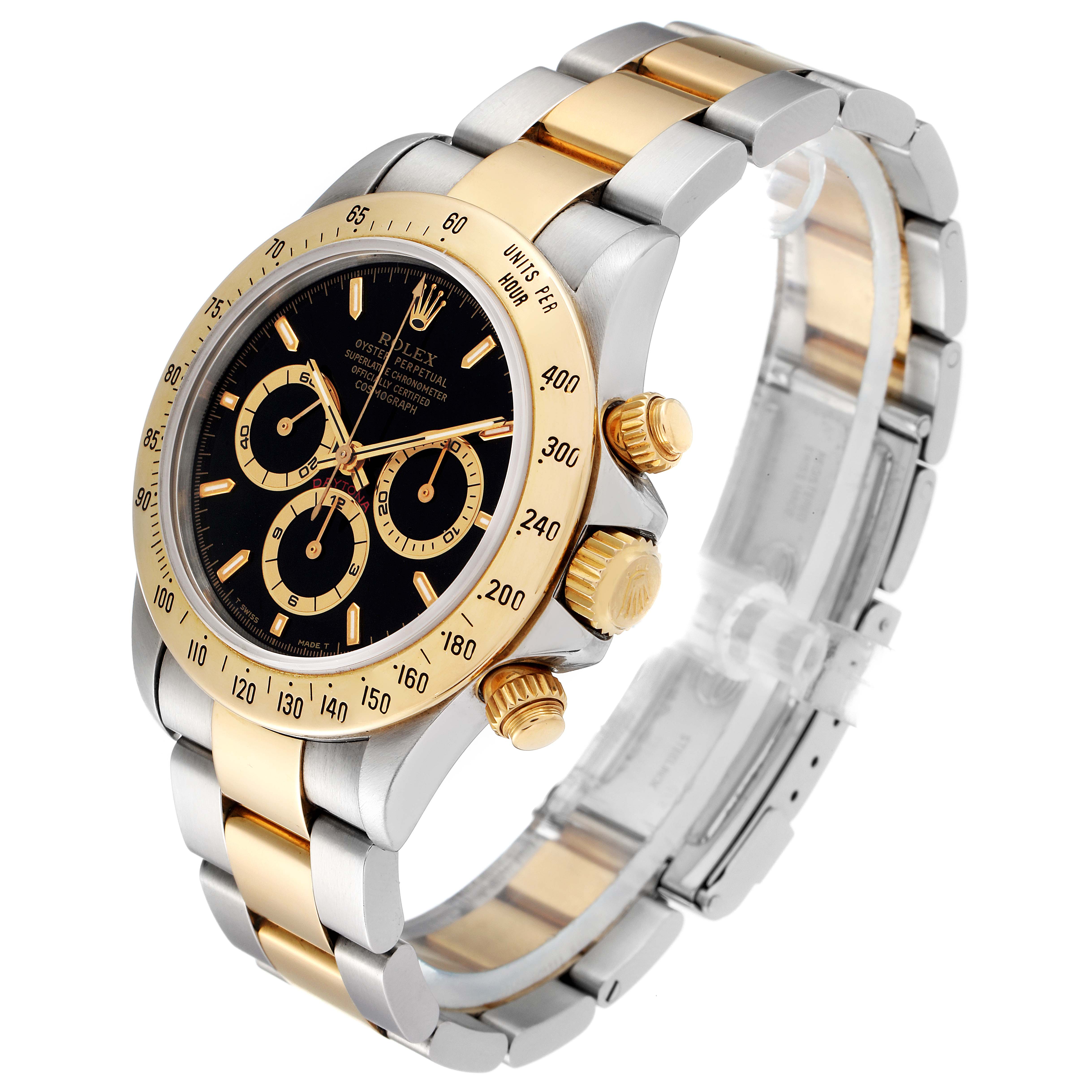 This image shows a Rolex Daytona 16523 Men
s Steel and Gold (two tone) Black Dial 16523 Men
s Steel and Gold (two tone) Black Dial watch at an angled side view, highlighting the bezel, dial, and bracelet.