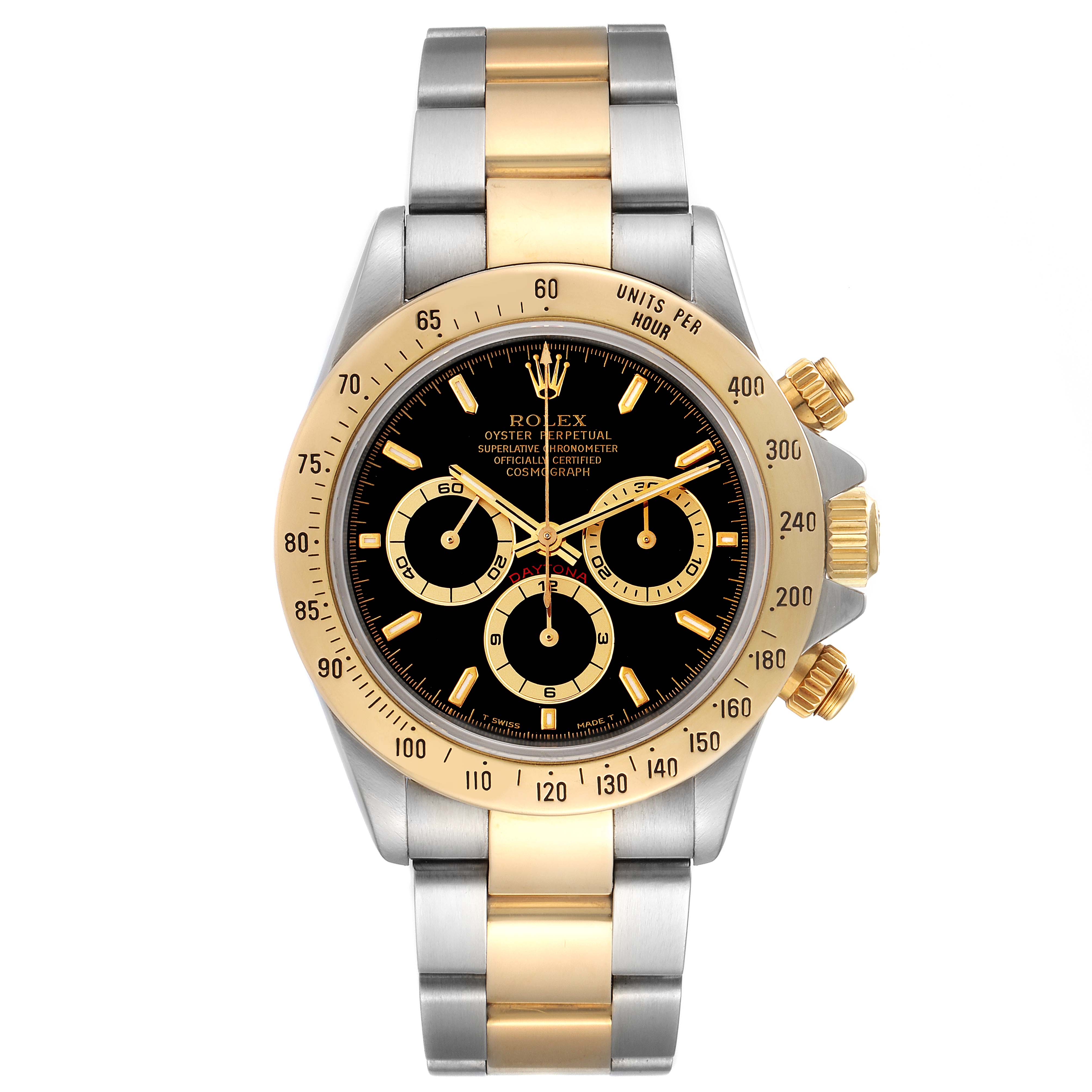 This image displays the front view of a Rolex Daytona 16523 Men
s Steel and Gold (two tone) Black Dial 16523 Men
s Steel and Gold (two tone) Black Dial watch, highlighting its two-tone bracelet, bezel, and dial.
