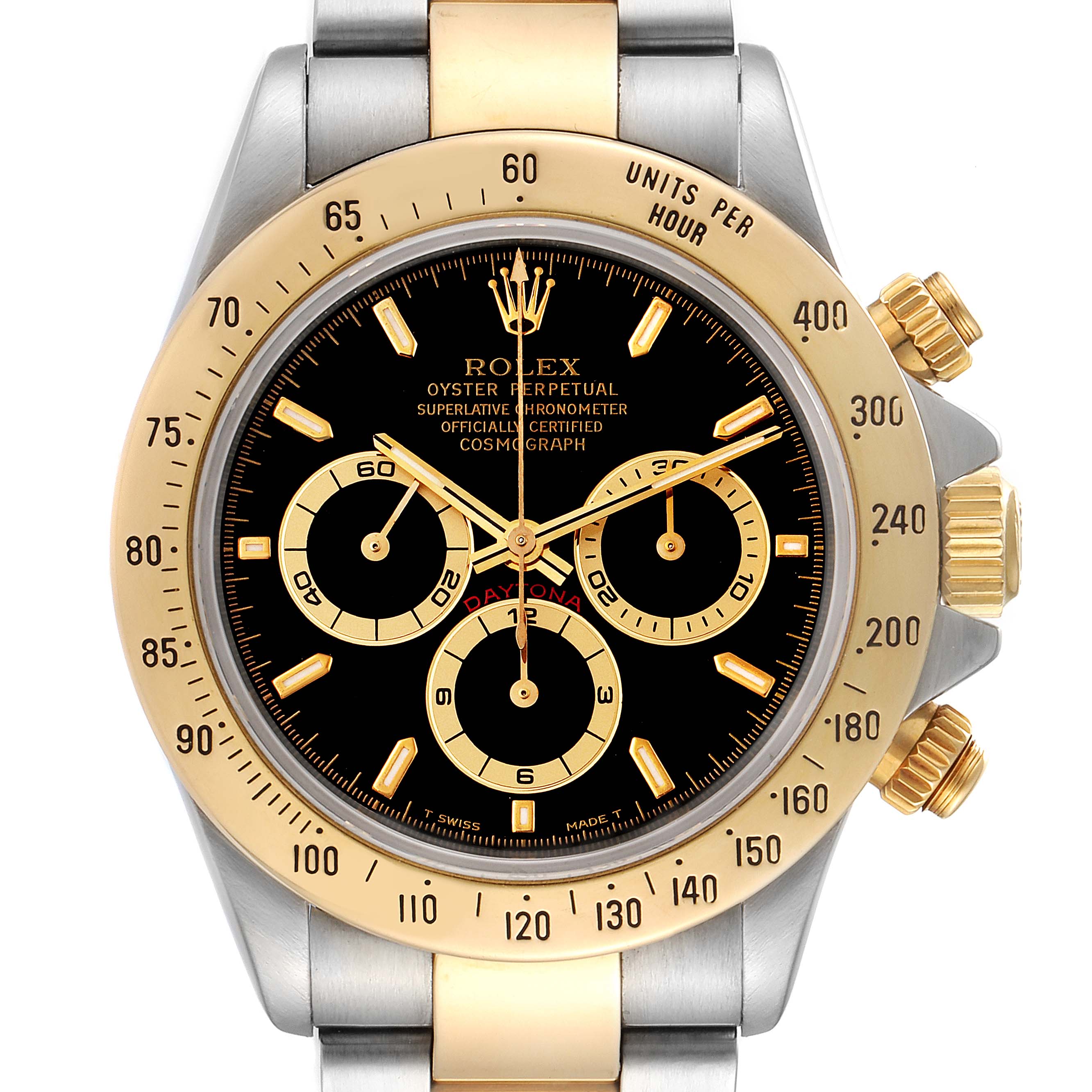 The image shows a front view of a Rolex Daytona 16523 Men
s Steel and Gold (two tone) Black Dial 16523 Men
s Steel and Gold (two tone) Black Dial watch, highlighting the dial, bezel, and chronograph subdials.