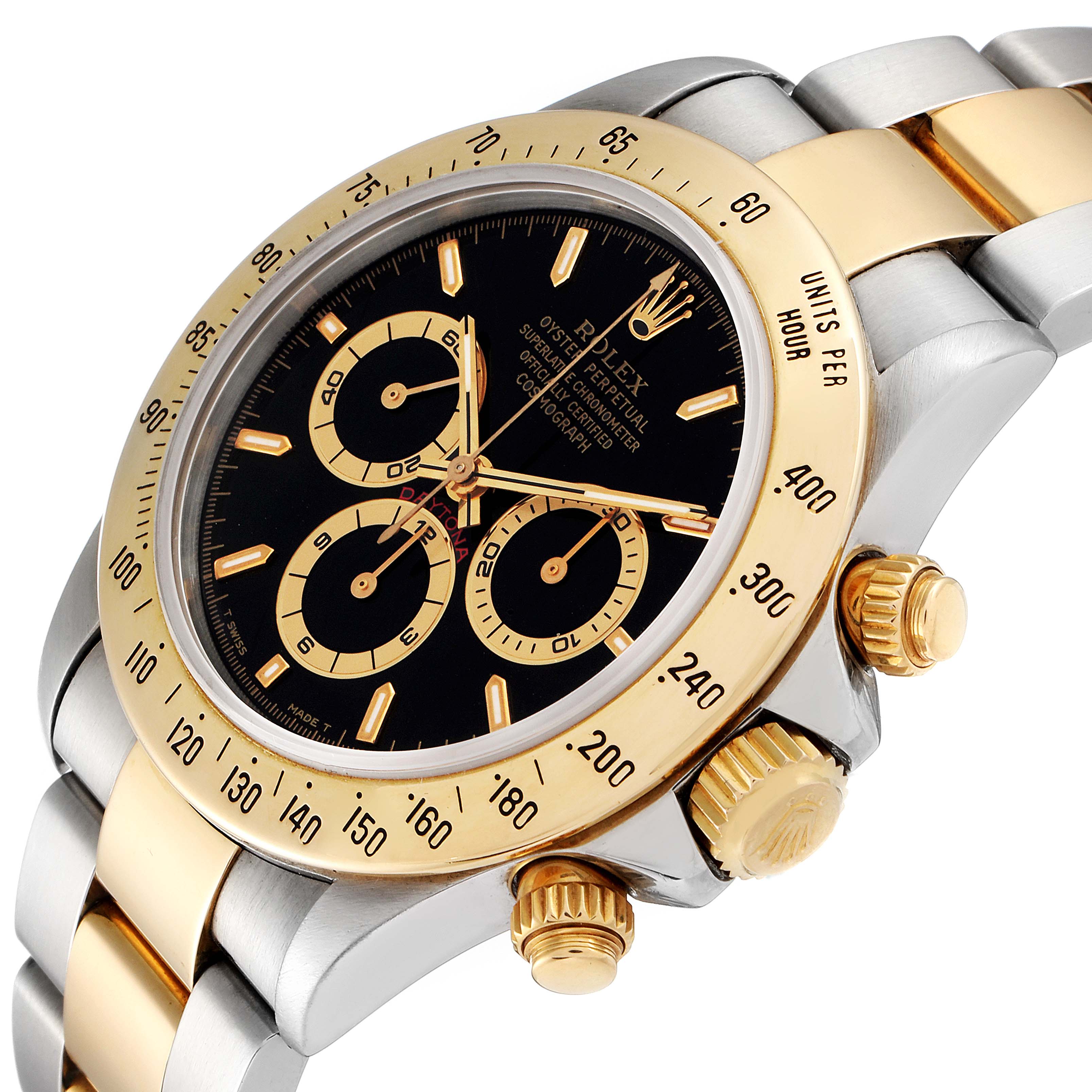The image shows a Rolex Daytona 16523 Men
s Steel and Gold (two tone) Black Dial 16523 Men
s Steel and Gold (two tone) Black Dial watch from an angled side view, highlighting the gold bezel, pushers, crown, and black dial.