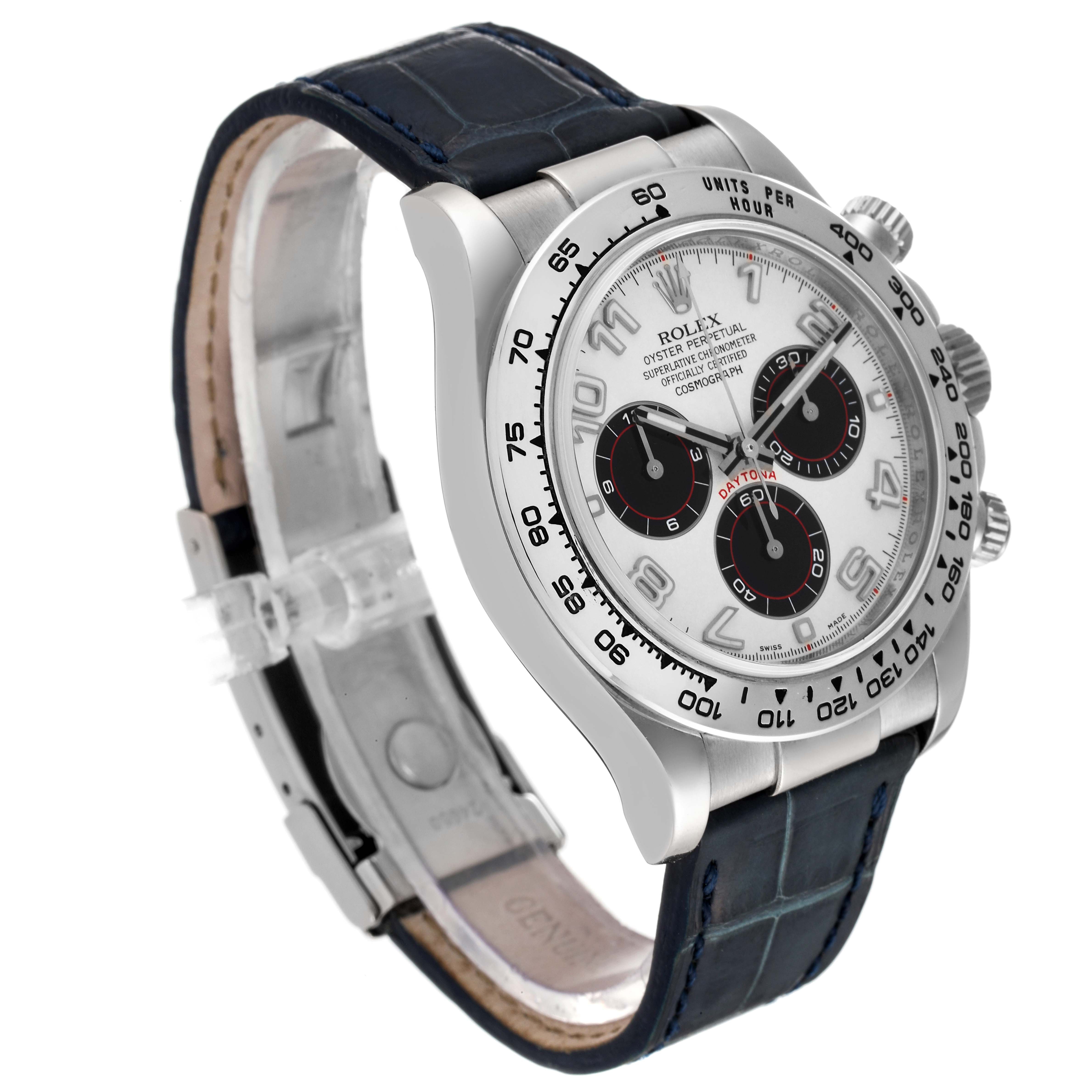 The image shows an angled view of a Rolex Daytona 116519 Men's White Gold Silver Dial 116519 Men's White Gold Silver Dial watch, highlighting the dial, bezel, pushers, and leather strap.