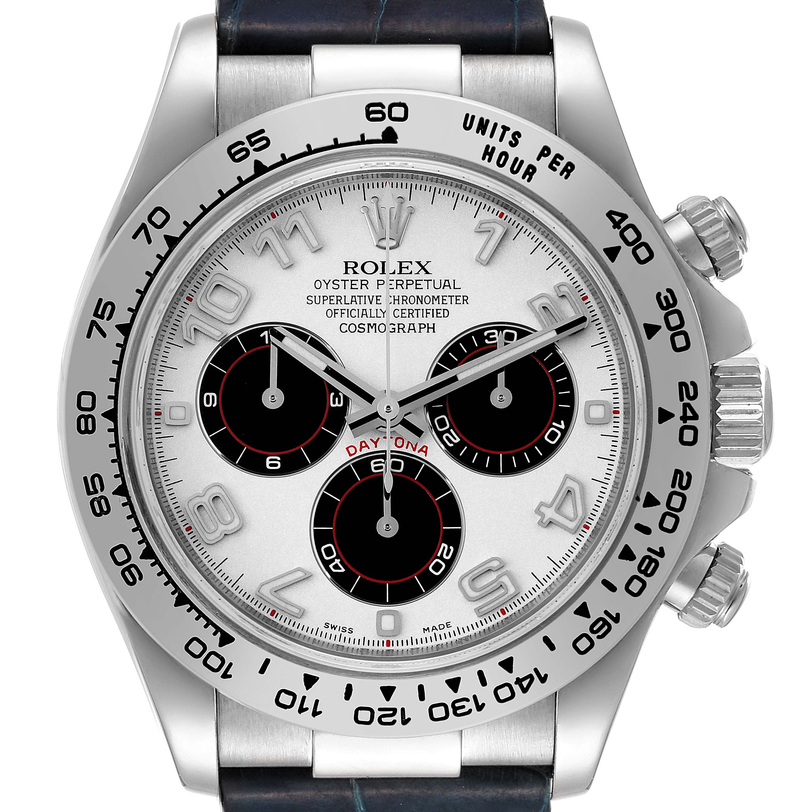 This image shows a front view of a Rolex Daytona 116519 Men's White Gold Silver Dial 116519 Men's White Gold Silver Dial watch, displaying the dial, bezel, and chronograph sub-dials.