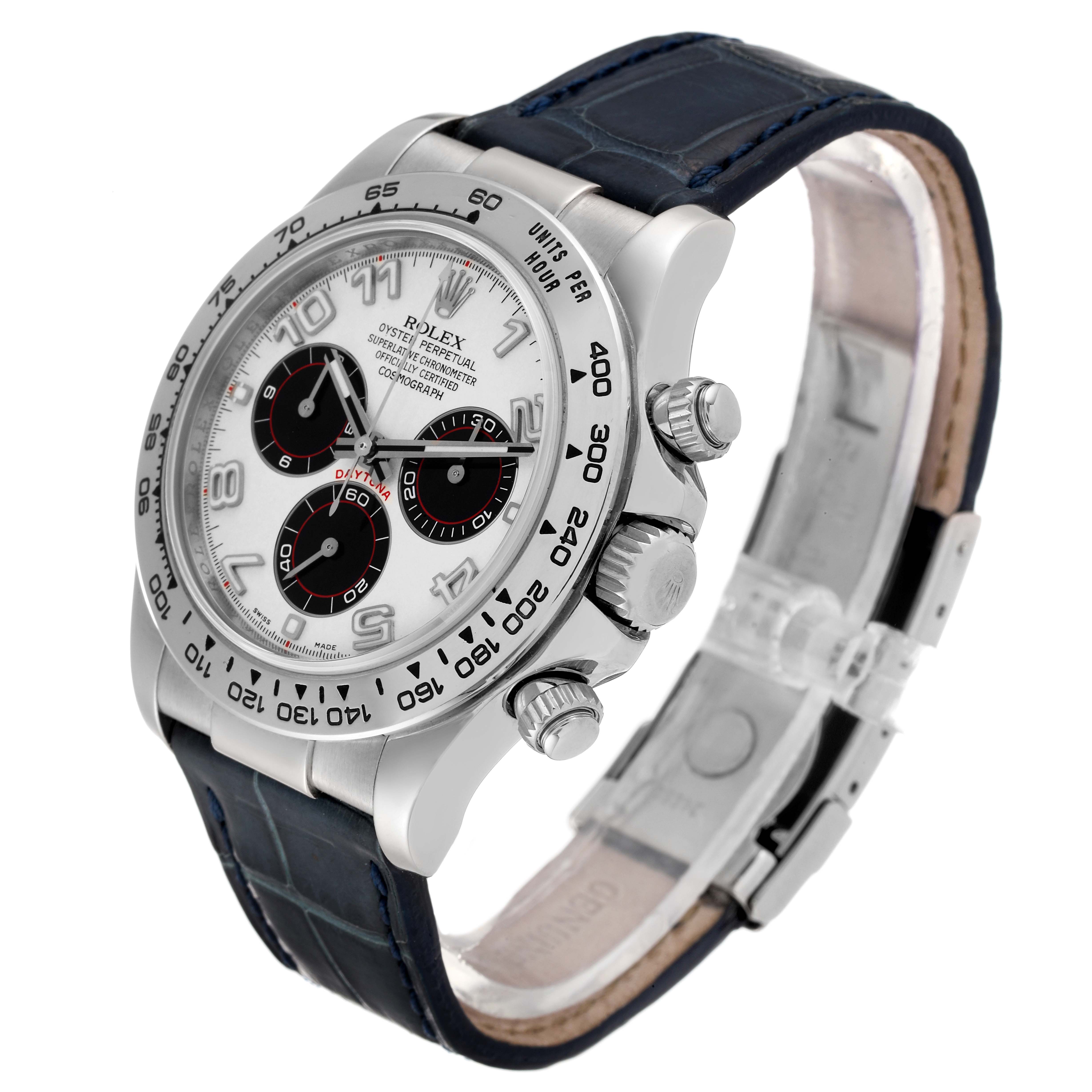 The image shows a Rolex Daytona 116519 Men's White Gold Silver Dial 116519 Men's White Gold Silver Dial watch angled to focus on its face, bezel, crown, pushers, and leather strap.