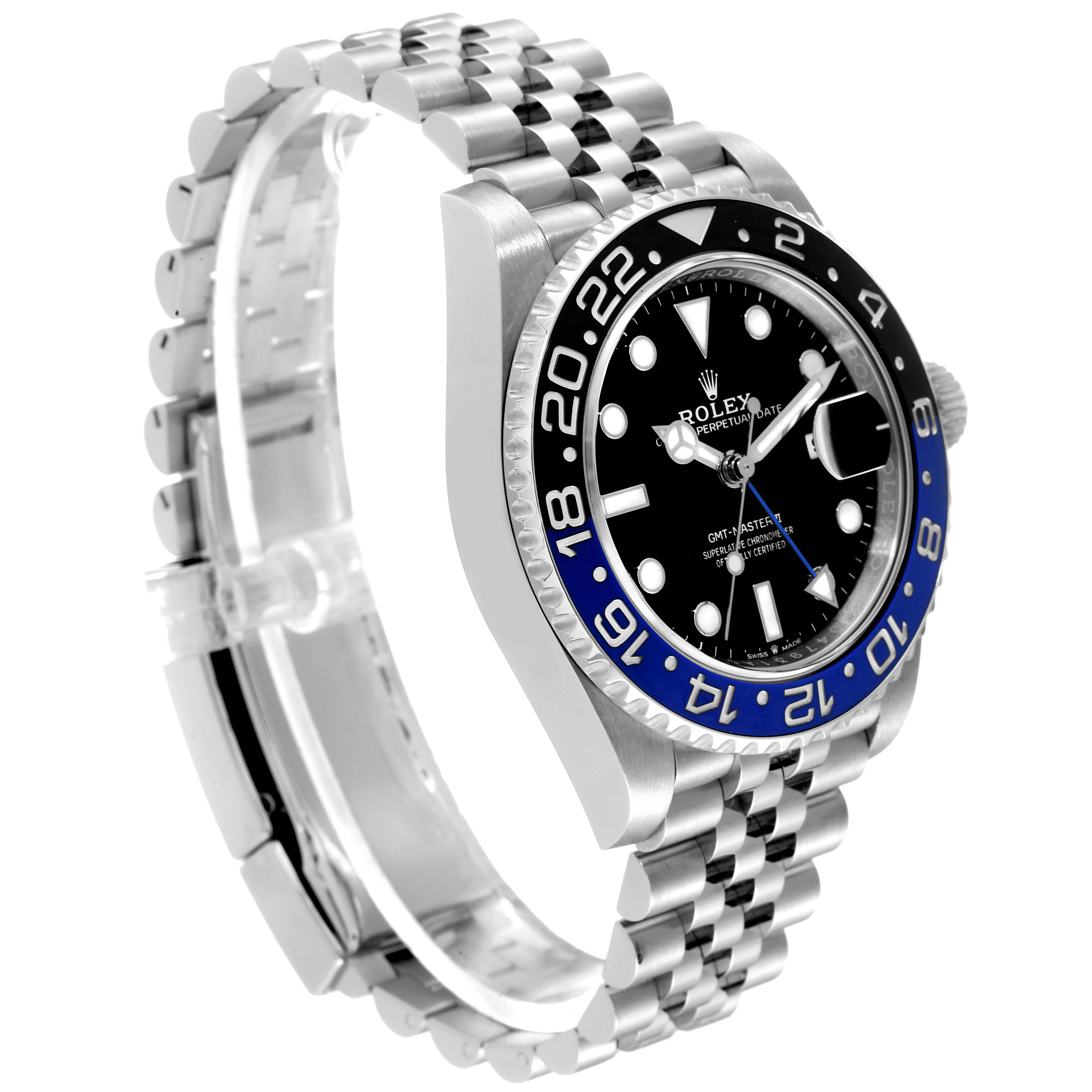 The image shows a Rolex GMT-Master 126710 Men
s Stainless Steel Black Dial 126710 Men
s Stainless Steel Black Dial watch at an angled side view, highlighting the dial, bezel, and bracelet.