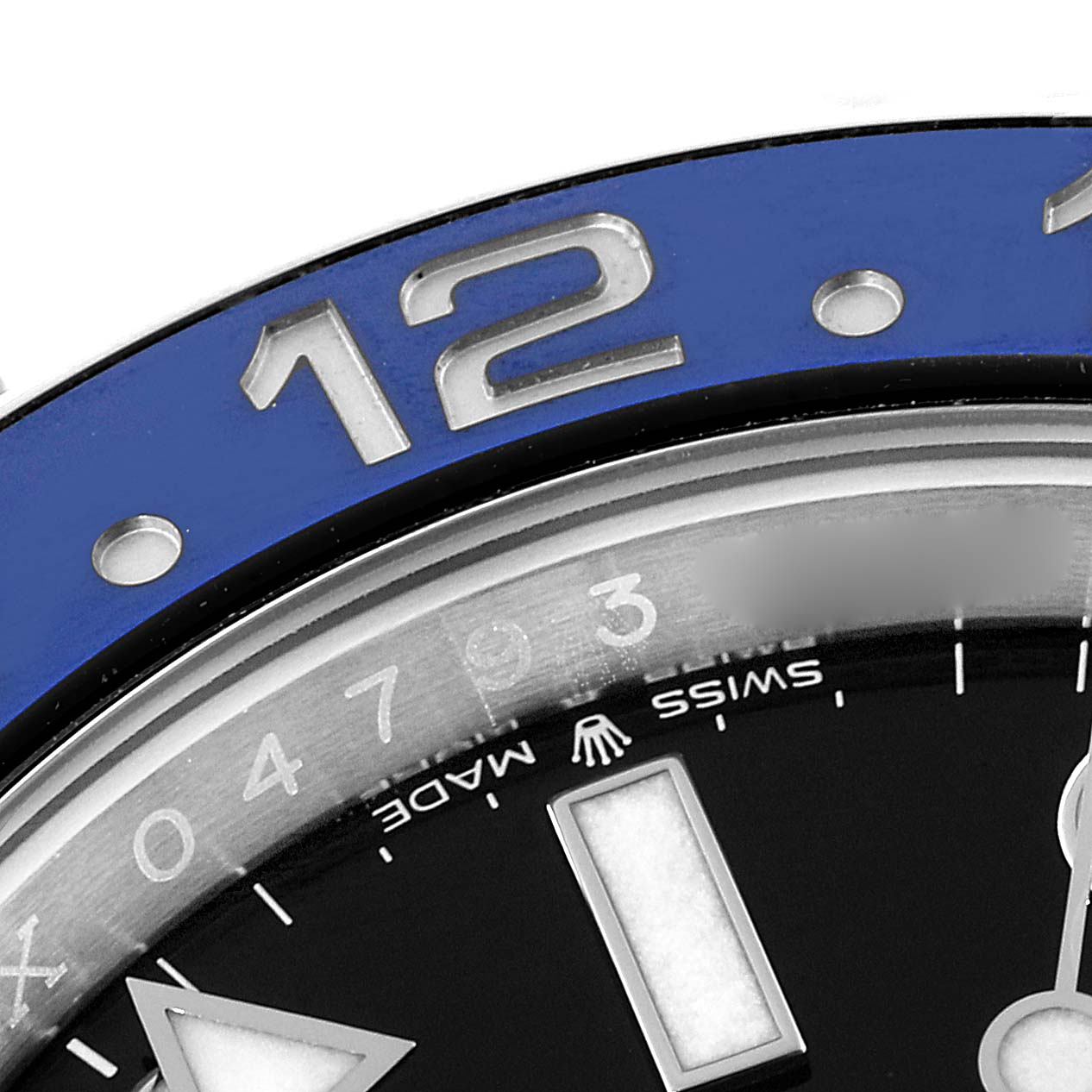 This close-up angle shows the bezel, part of the dial, and markings of the Rolex GMT-Master 126710 Men
s Stainless Steel Black Dial 126710 Men
s Stainless Steel Black Dial watch.