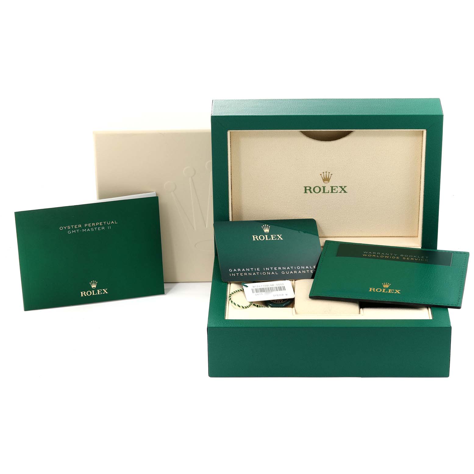 The image shows the packaging, warranty cards and manual of the Rolex GMT-Master 126710 Men
s Stainless Steel Black Dial 126710 Men
s Stainless Steel Black Dial watch at a front angle.