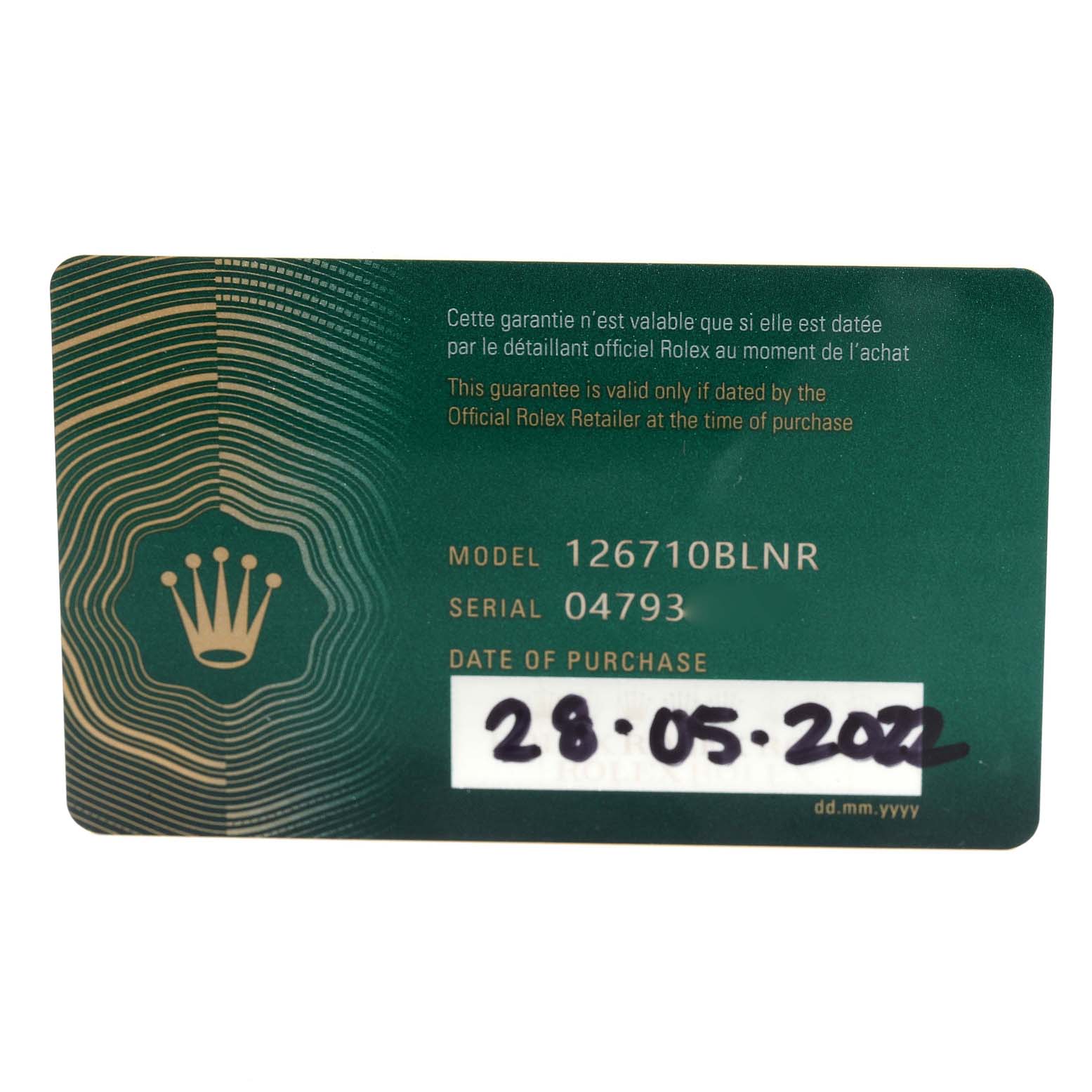 This image shows a guarantee card for a Rolex GMT-Master 126710 Men
s Stainless Steel Black Dial 126710 Men
s Stainless Steel Black Dial model 126710BLNR, including the serial number and date of purchase.