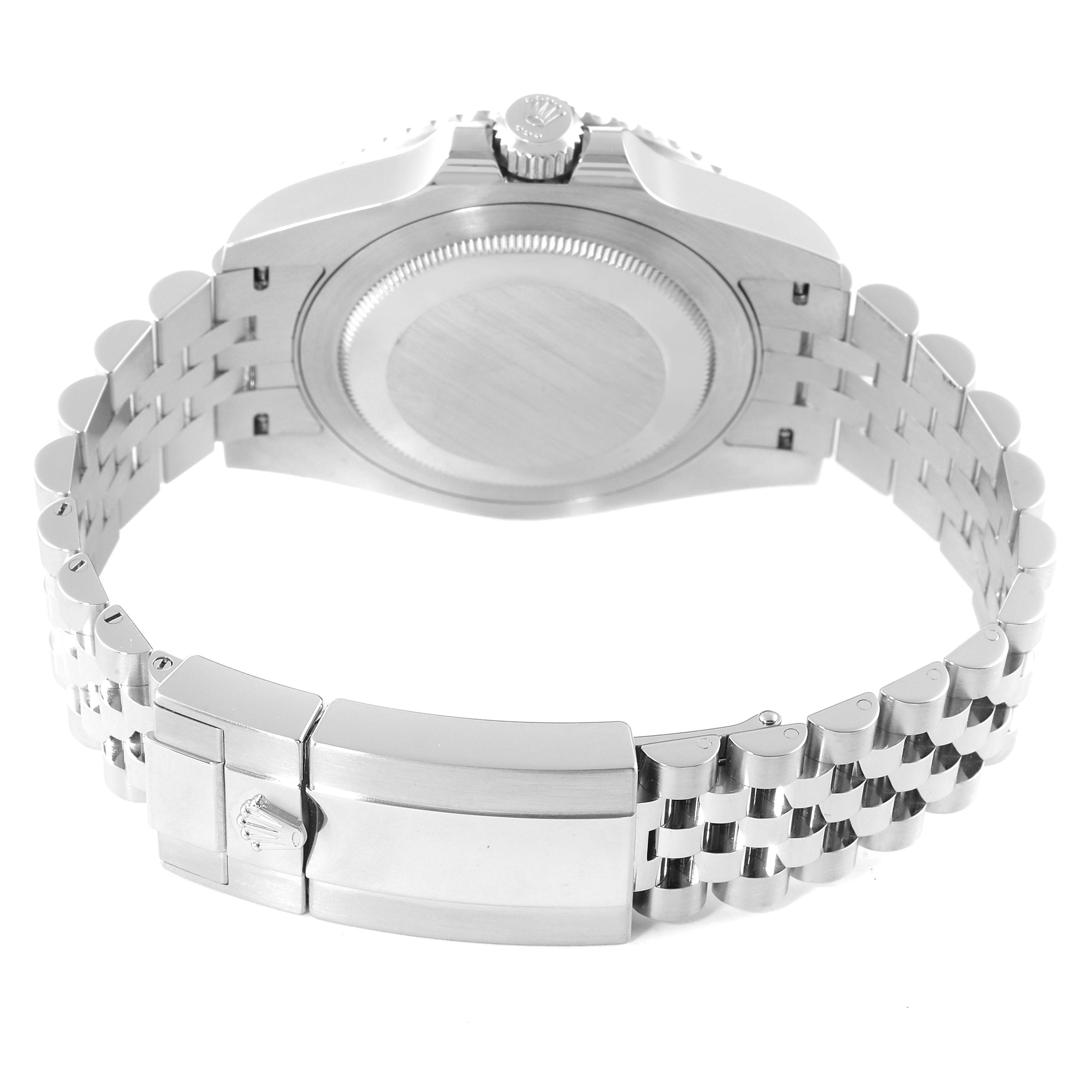 The image shows the back case, crown, and clasp of the Rolex GMT-Master 126710 Men
s Stainless Steel Black Dial 126710 Men
s Stainless Steel Black Dial watch at a rear angle.