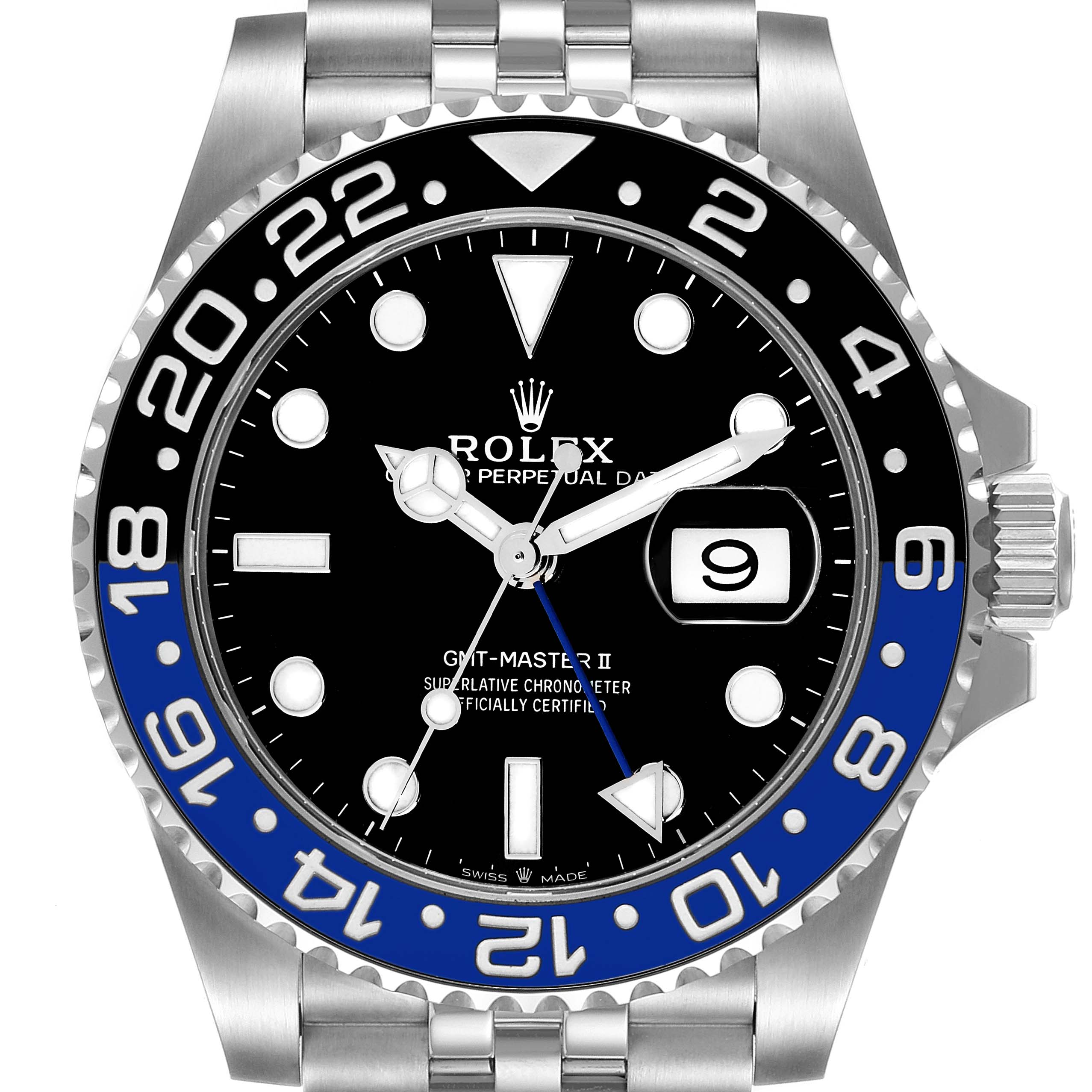 The image shows the front view of a Rolex GMT-Master 126710 Men
s Stainless Steel Black Dial 126710 Men
s Stainless Steel Black Dial II watch, displaying the face, bezel, and part of the bracelet.