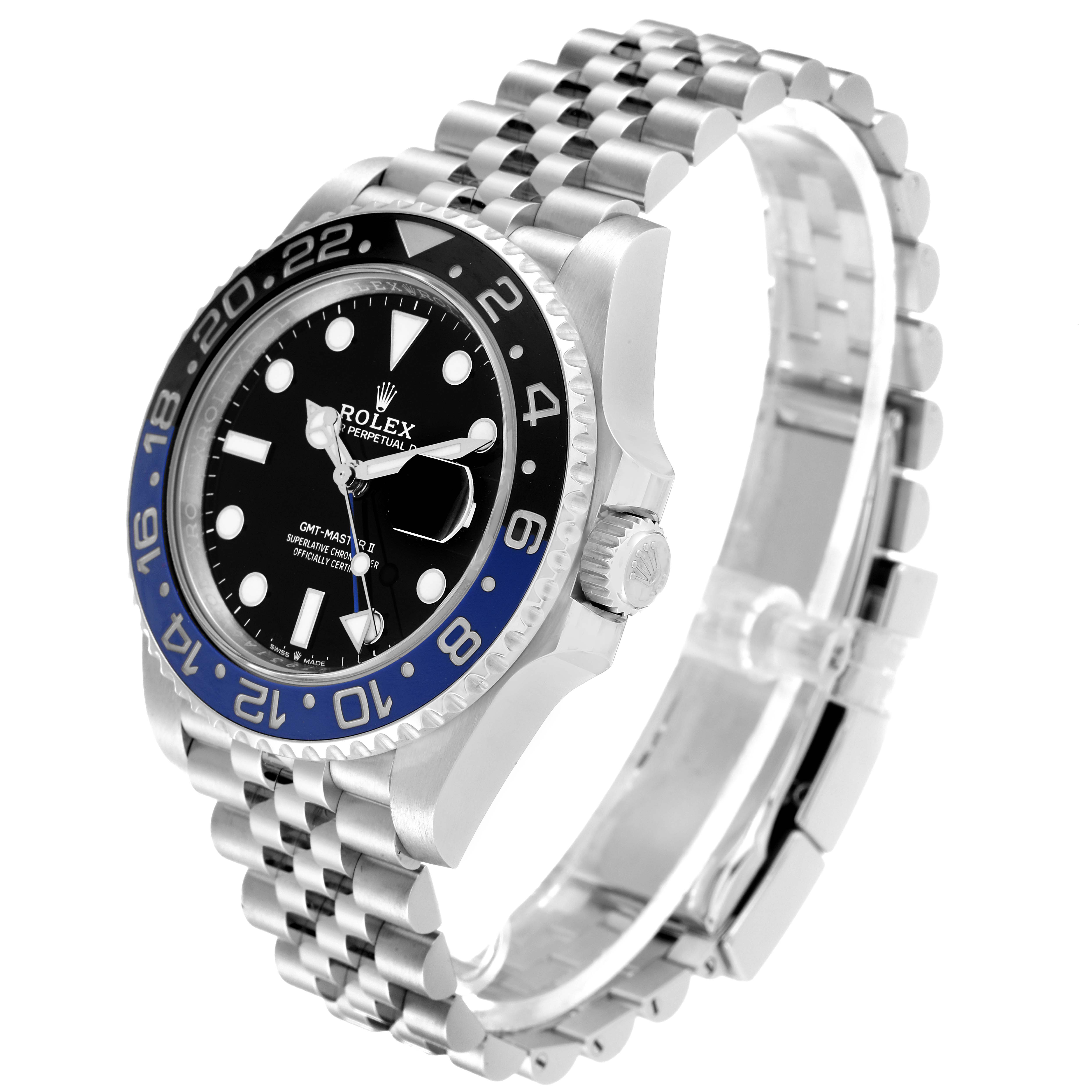 This image shows a side-angle view of the Rolex GMT-Master 126710 Men
s Stainless Steel Black Dial 126710 Men
s Stainless Steel Black Dial watch, highlighting its bezel, crown, and bracelet.