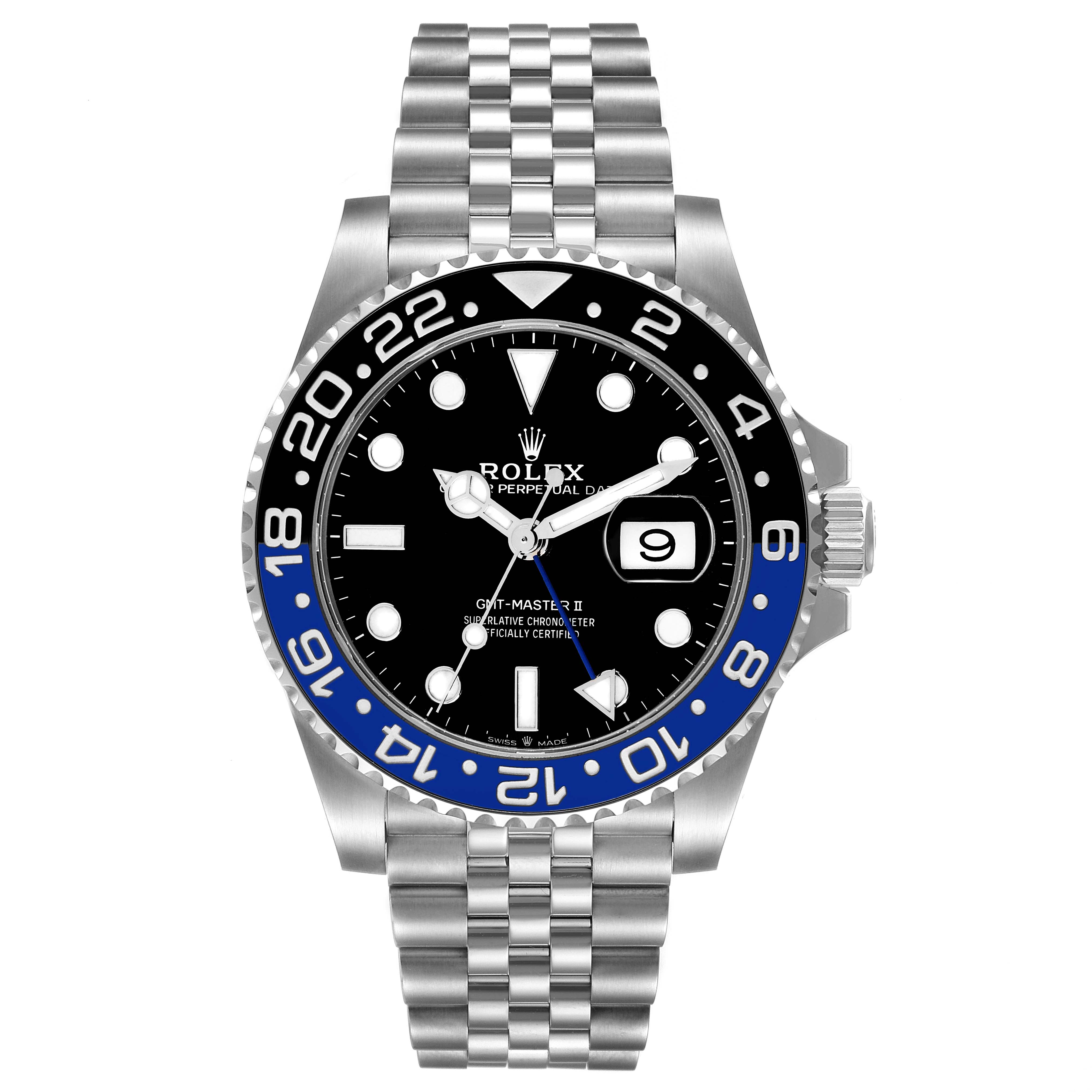 This image shows a frontal view of a Rolex GMT-Master 126710 Men
s Stainless Steel Black Dial 126710 Men
s Stainless Steel Black Dial watch, featuring its dial, bezel, and bracelet.