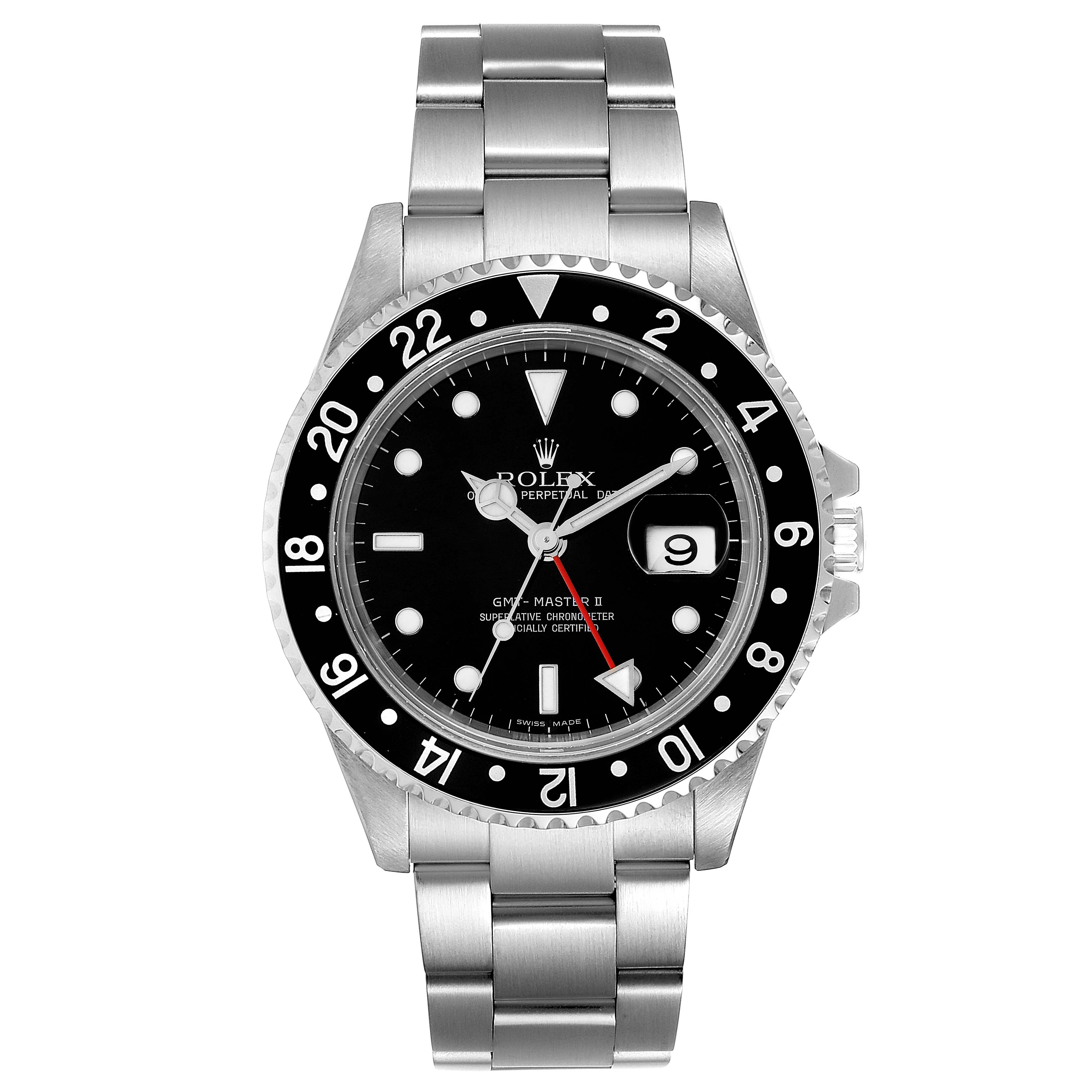 The Rolex GMT-Master 16710 Men
s Stainless Steel Black Dial 16710 Men
s Stainless Steel Black Dial watch is shown from the front, highlighting its face, bezel, bracelet, and crown.