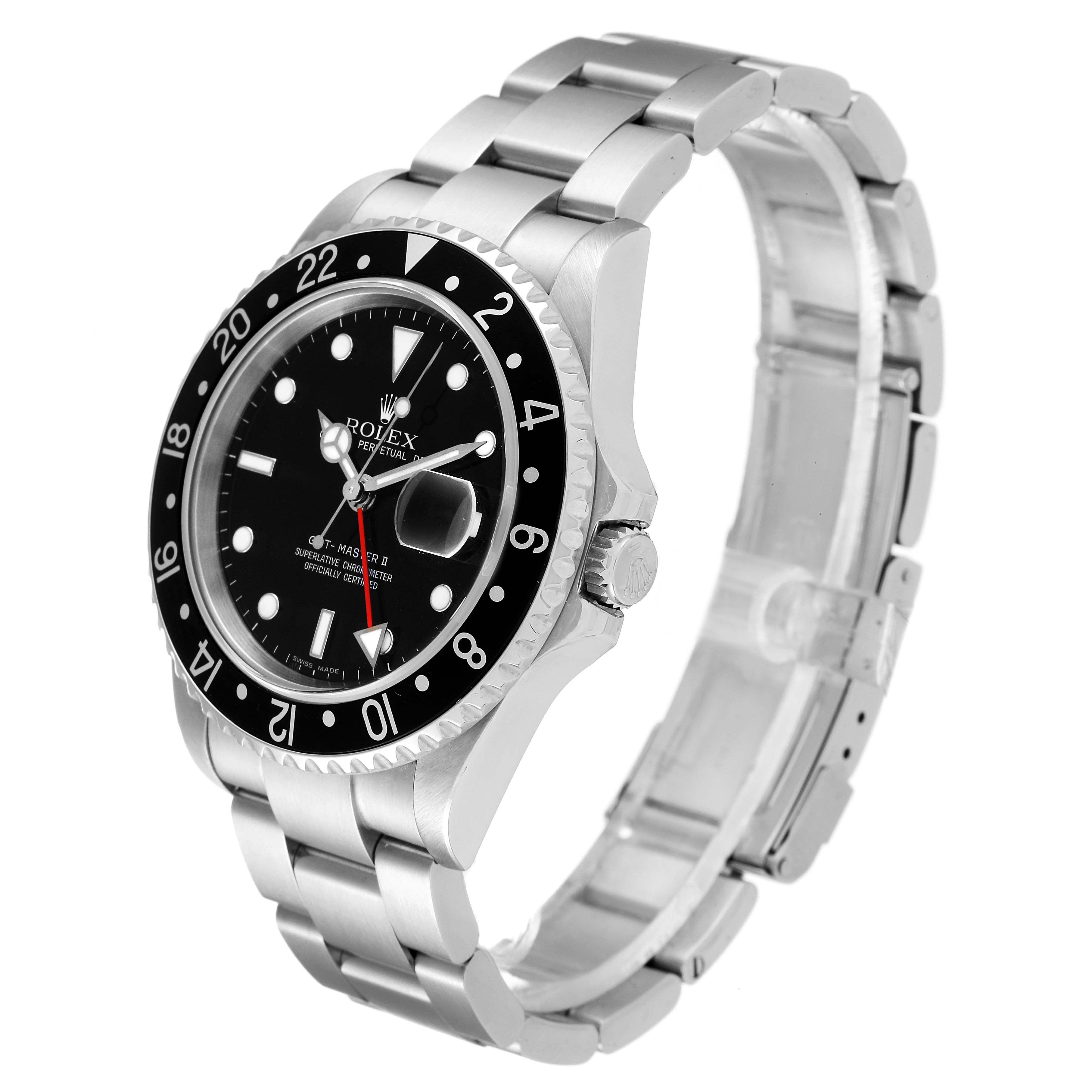 The image shows a side angle of a Rolex GMT-Master 16710 Men
s Stainless Steel Black Dial 16710 Men
s Stainless Steel Black Dial watch, featuring the face, bezel, crown, and stainless steel bracelet.