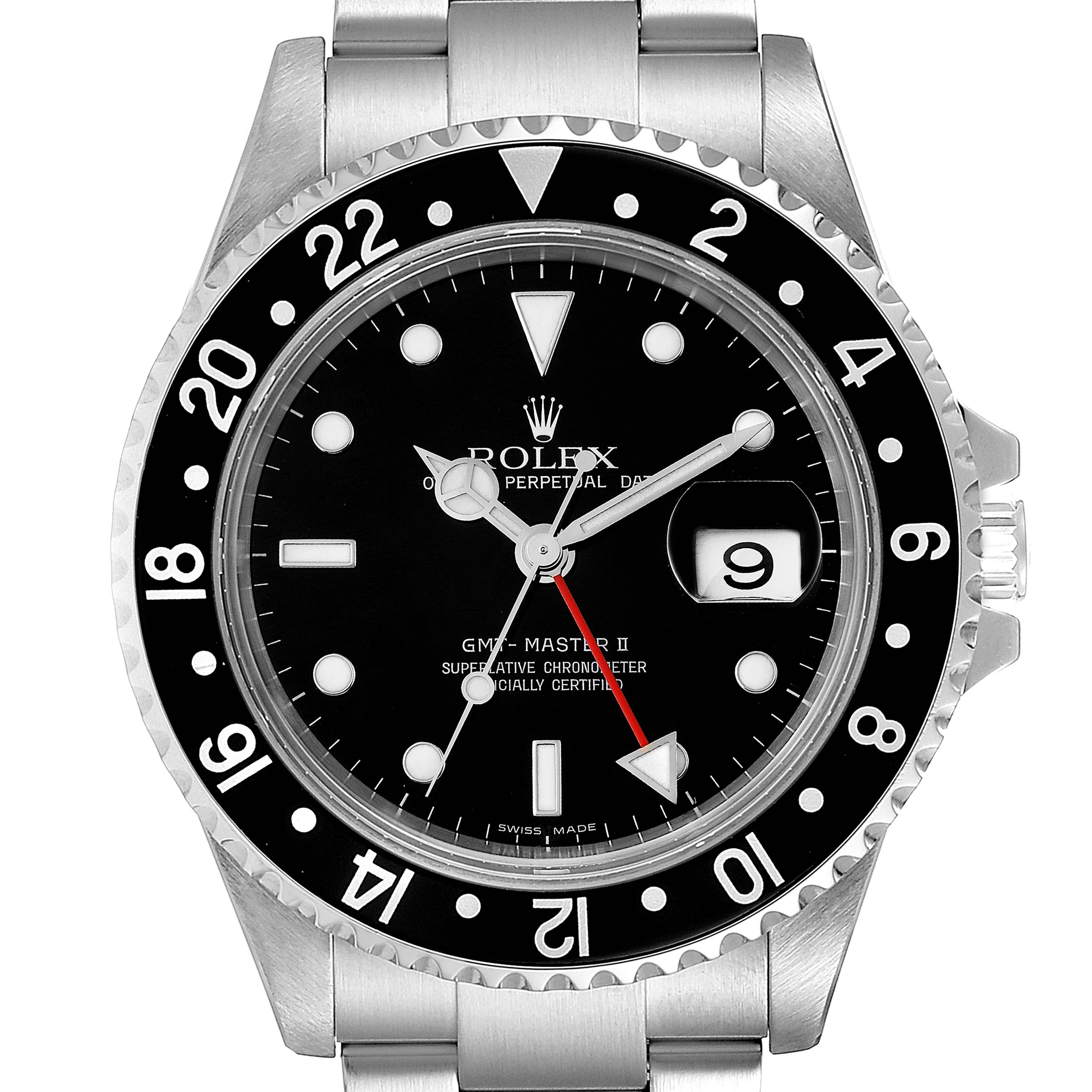 This is a front view of the Rolex GMT-Master 16710 Men
s Stainless Steel Black Dial 16710 Men
s Stainless Steel Black Dial II, showing the bezel, dial, date window, and part of the bracelet.