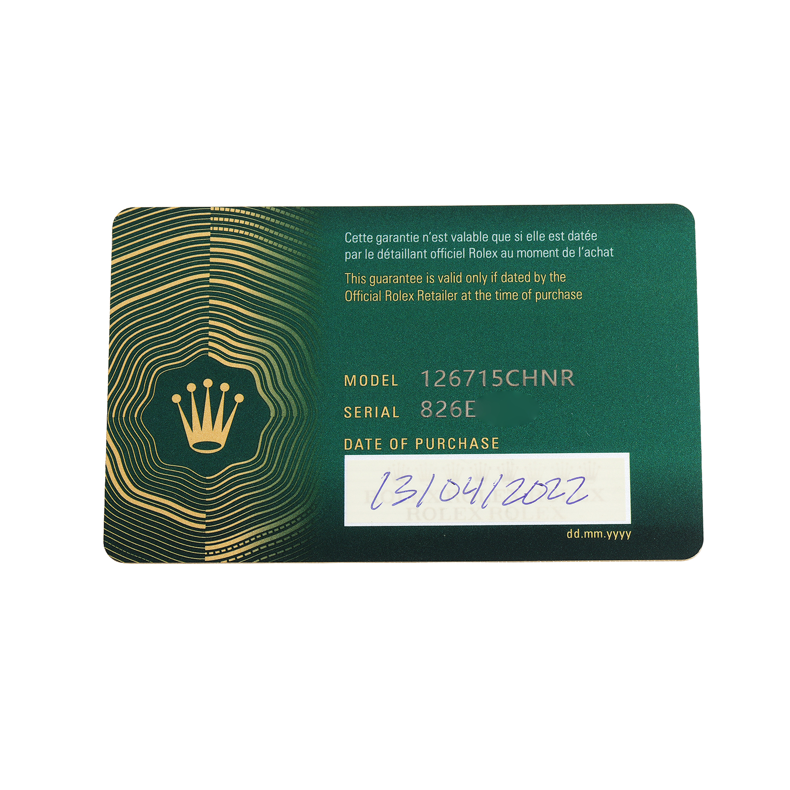 The image shows a warranty card for a Rolex GMT-Master 126715 Men's Rose Gold Black Dial model, featuring model and serial numbers.