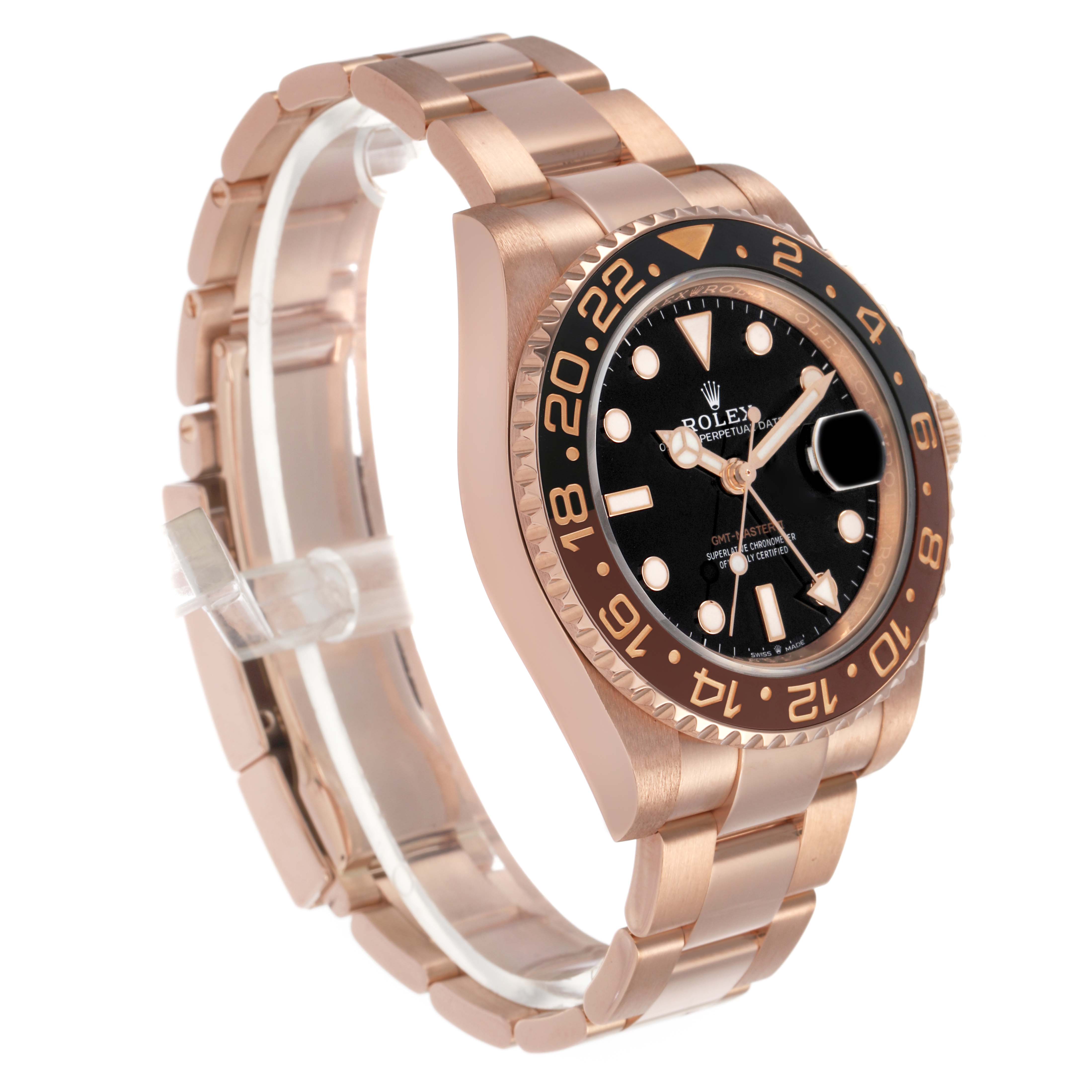 The Rolex GMT-Master 126715 Men's Rose Gold Black Dial watch is shown at a three-quarter angle, highlighting its black bezel, dial, and rose gold bracelet.