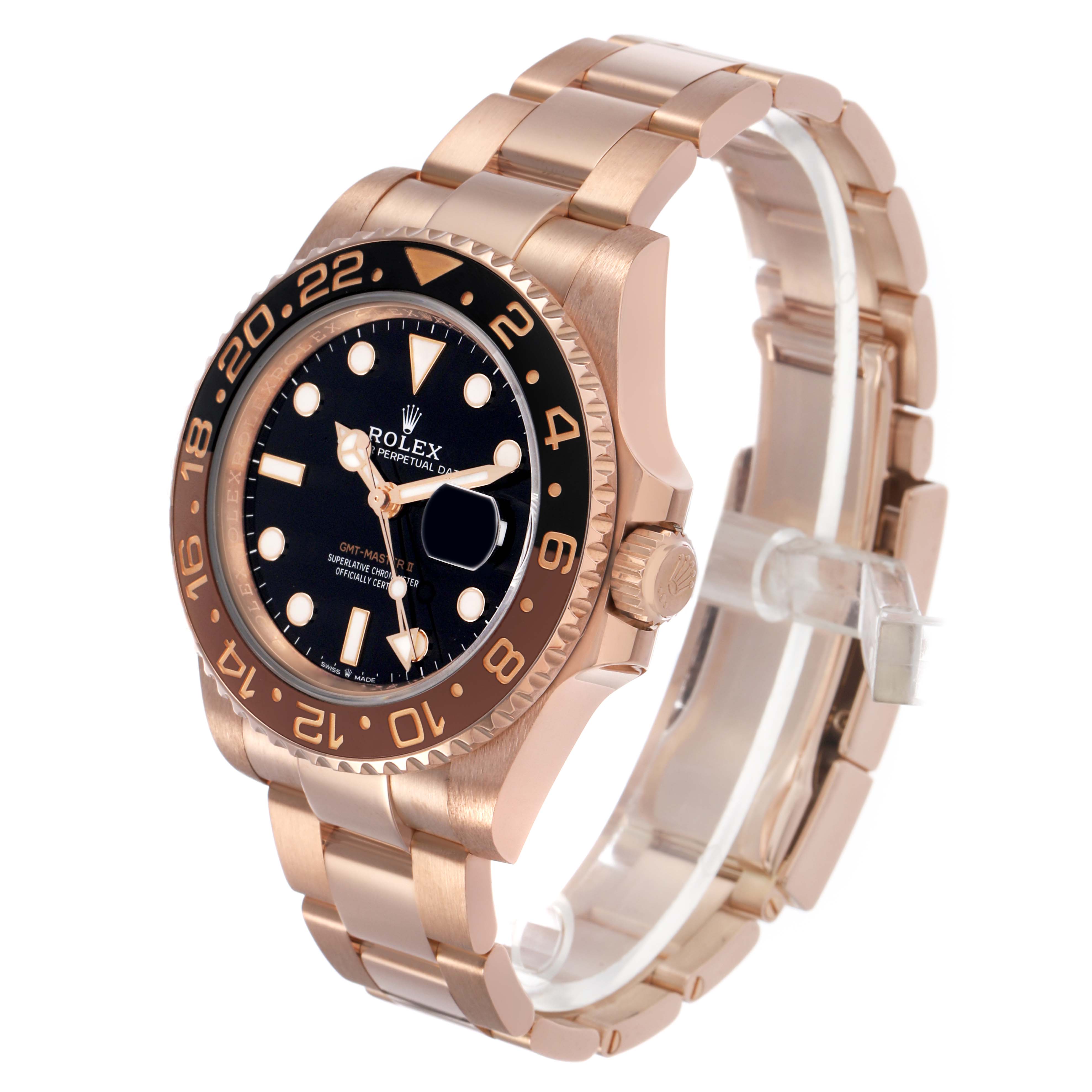 The Rolex GMT-Master 126715 Men's Rose Gold Black Dial is shown at an angled side view, highlighting the bezel, dial, and bracelet.