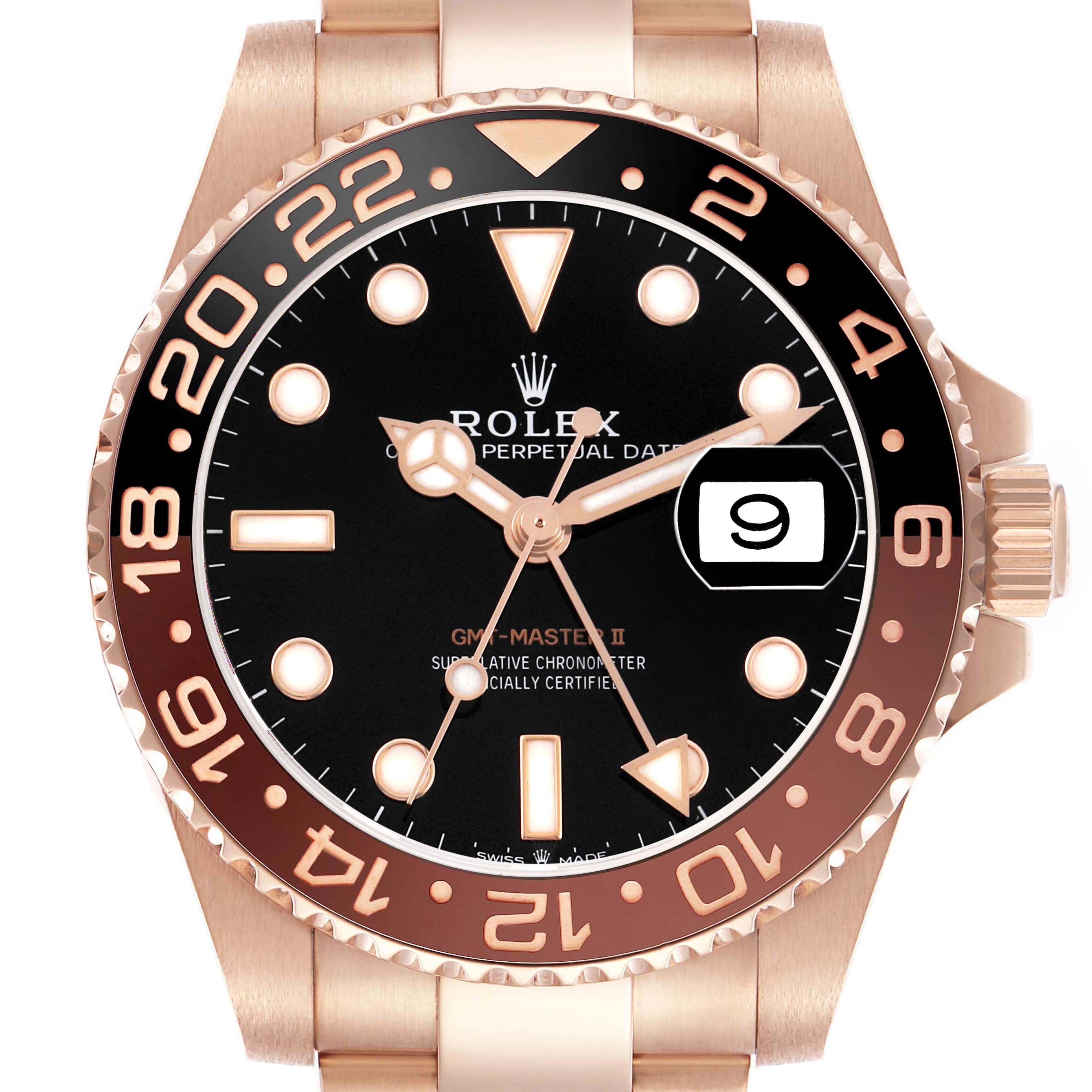 The image shows a front view of the Rolex GMT-Master 126715 Men's Rose Gold Black Dial II watch, highlighting the bezel, dial, crown, and date window.